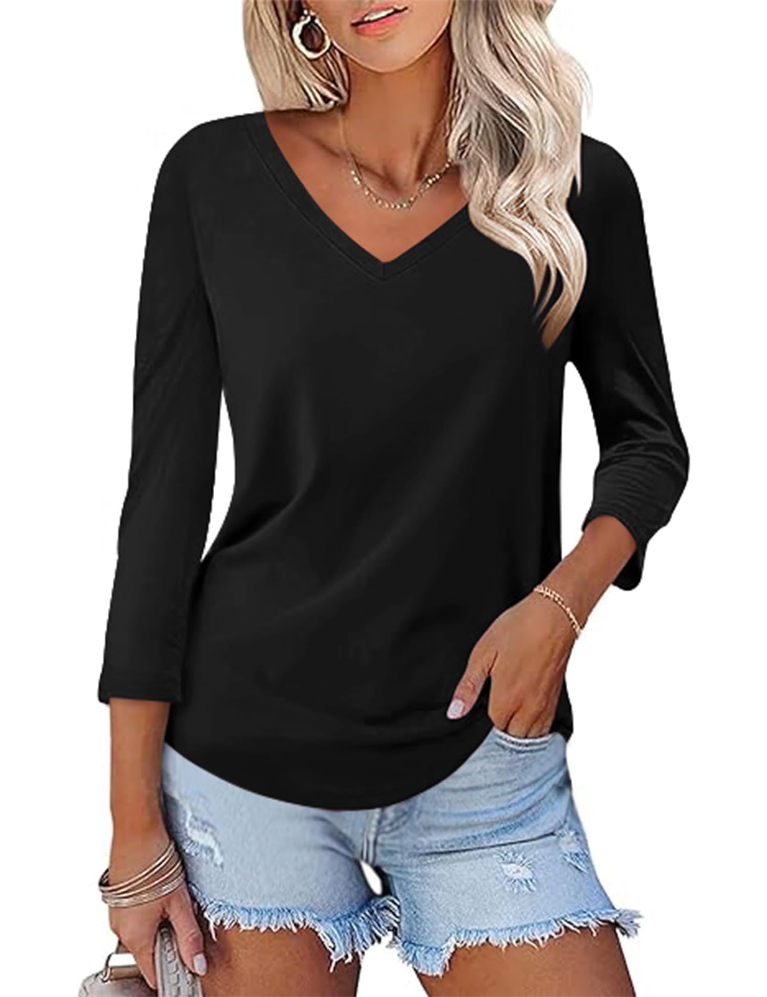 Rapbin Women Blouses 3/4 Length Sleeve V Neck Tunic Tops for Ladies Casual Loose Fit 2026 Summer Floral Elegant Shirts