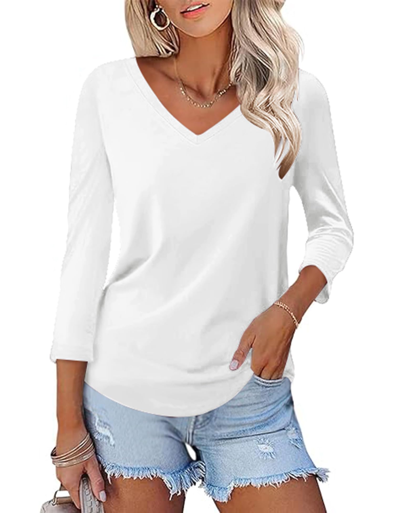 Rapbin Women Blouses 3/4 Length Sleeve V Neck Tunic Tops for Ladies Casual Loose Fit 2026 Summer Floral Elegant Shirts
