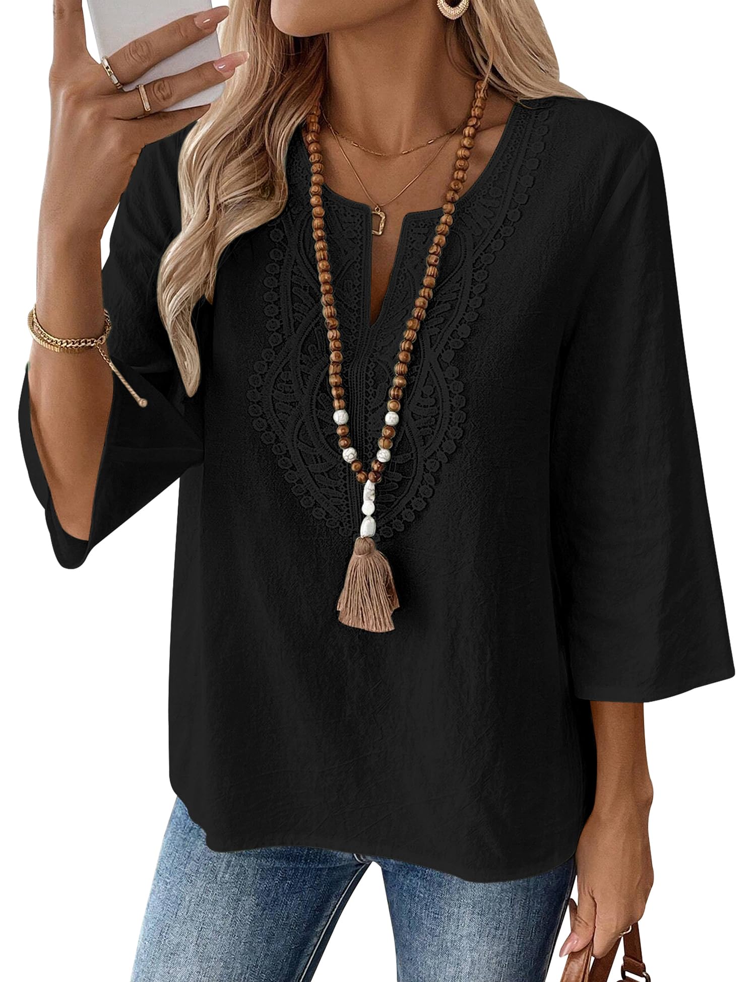 Rapbin Womens Tops 3/4 Sleeve V Neck Cotton Linen Casual Blouses Loose Fit Boho Lace Tunic