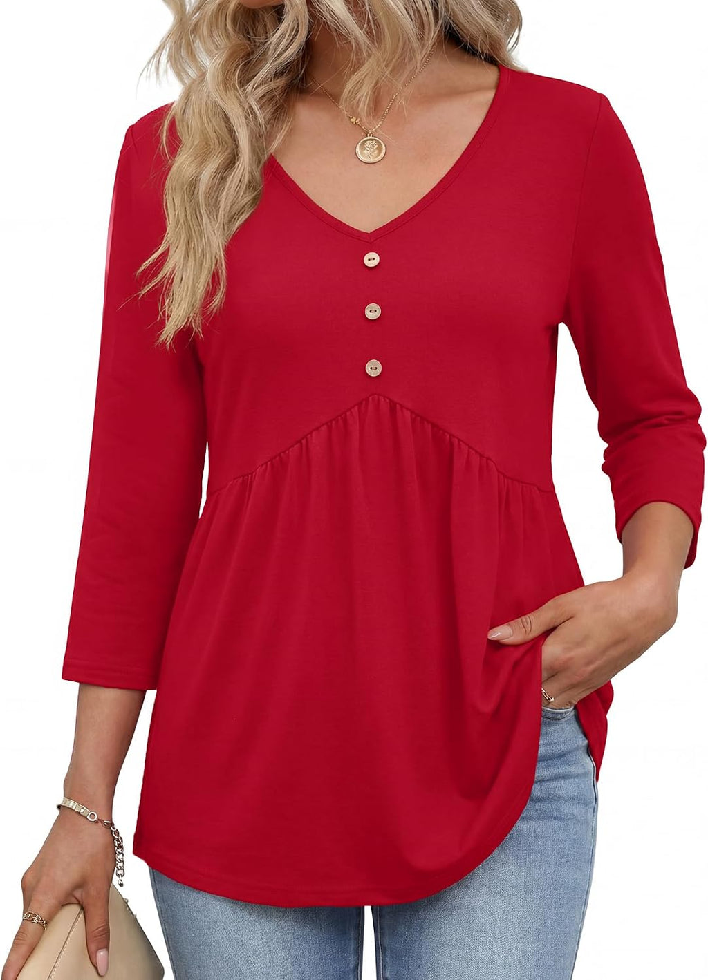 Rapbin 3/4 Sleeve Tops for Women UK V Neck Babydoll Top Button Down Blouse Ladies Casual Tunic Elegant Tees