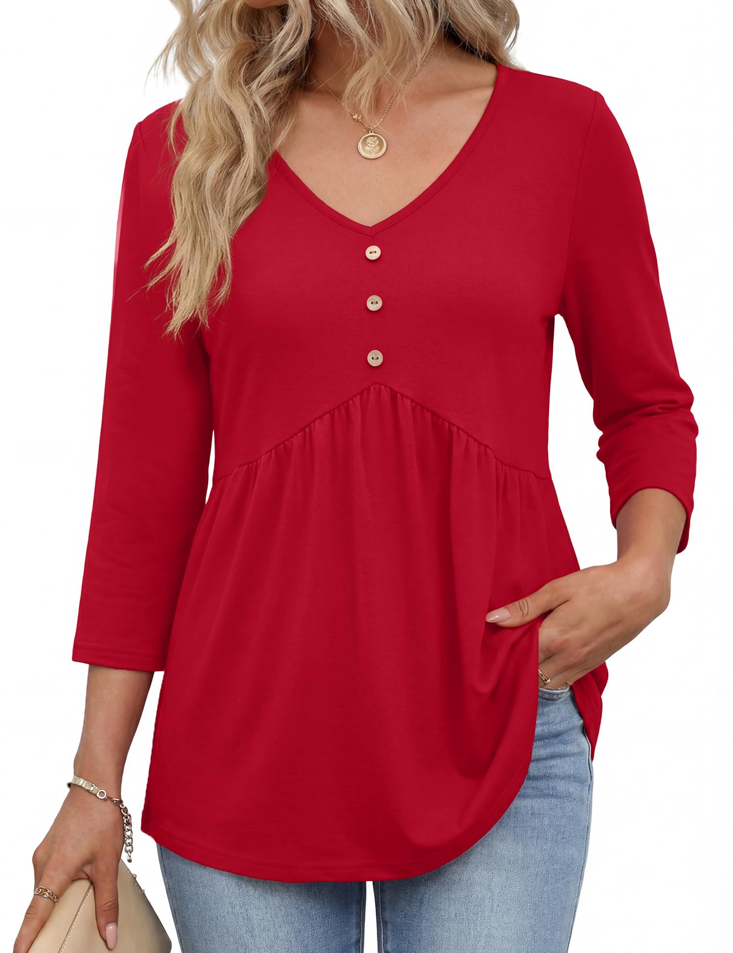 Rapbin 3/4 Sleeve Tops for Women UK V Neck Babydoll Top Button Down Blouse Ladies Casual Tunic Elegant Tees