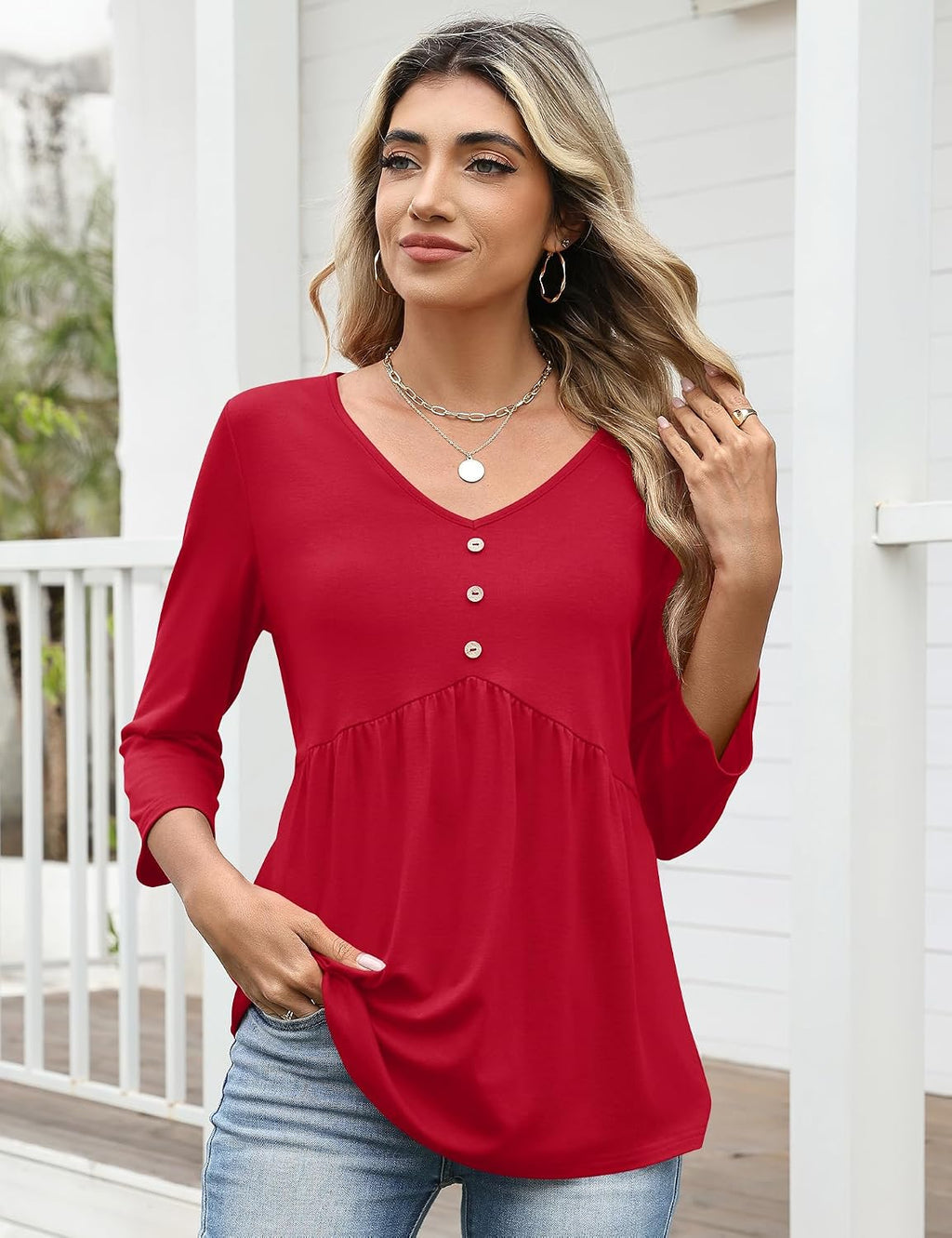 Rapbin 3/4 Sleeve Tops for Women UK V Neck Babydoll Top Button Down Blouse Ladies Casual Tunic Elegant Tees