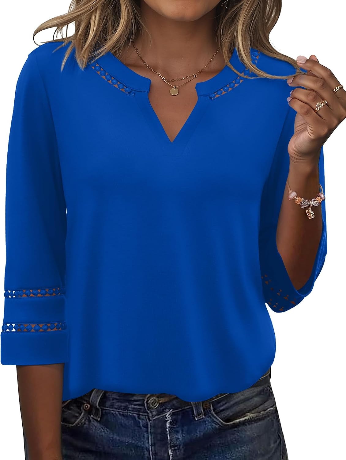 Rapbin Women's 3/4 Sleeve Tops V Neck Lace Embroidered Spring Summer Blouses Casual Dressy Tunic