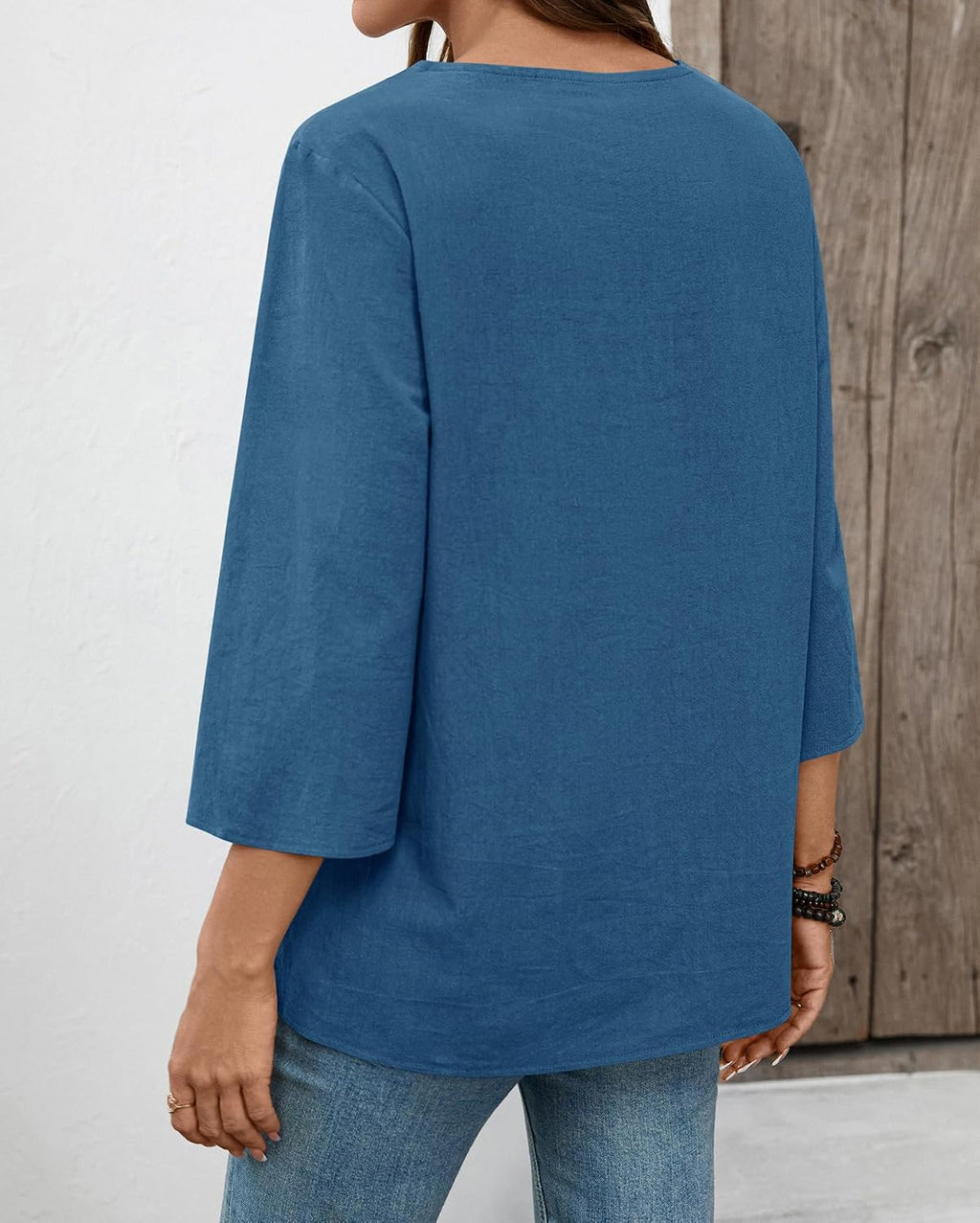 Rapbin Womens Tops 3/4 Sleeve V Neck Cotton Linen Casual Blouses Loose Fit Boho Lace Tunic