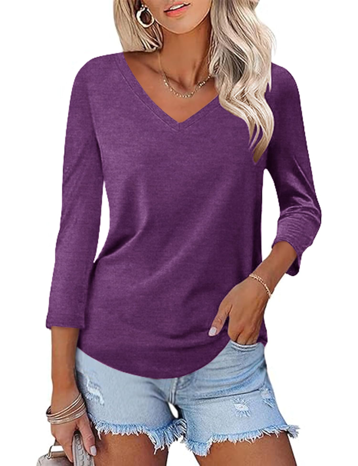 Rapbin Women Blouses 3/4 Length Sleeve V Neck Tunic Tops for Ladies Casual Loose Fit 2026 Summer Floral Elegant Shirts