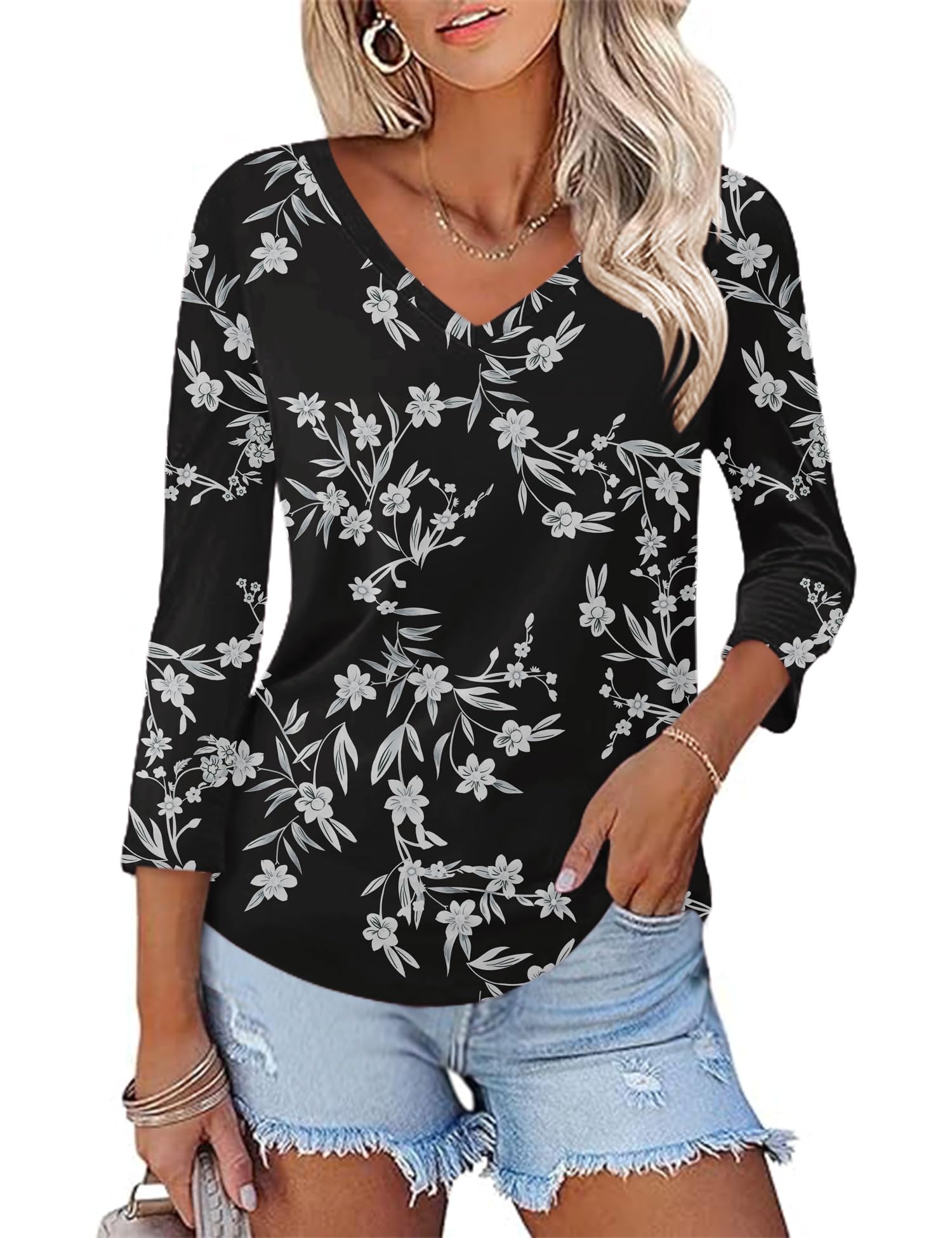 Rapbin Women Blouses 3/4 Length Sleeve V Neck Tunic Tops for Ladies Casual Loose Fit 2026 Summer Floral Elegant Shirts