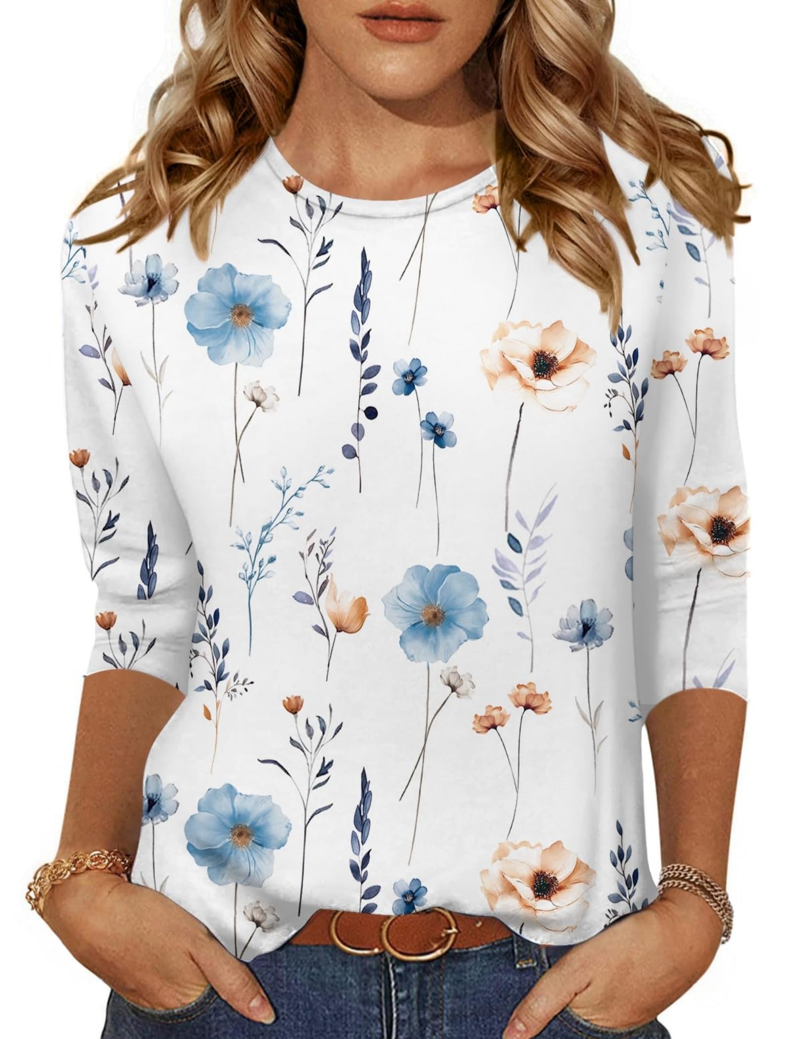 Zeagoo Womens 3/4 Sleeve Tops Casual Crew Neck Blouses Summer T Shirts