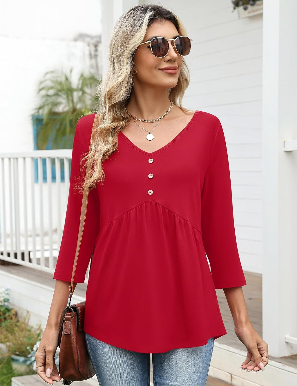 Rapbin 3/4 Sleeve Tops for Women UK V Neck Babydoll Top Button Down Blouse Ladies Casual Tunic Elegant Tees