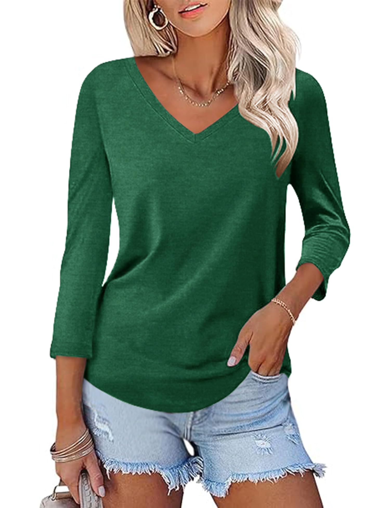 Rapbin Women Blouses 3/4 Length Sleeve V Neck Tunic Tops for Ladies Casual Loose Fit 2026 Summer Floral Elegant Shirts
