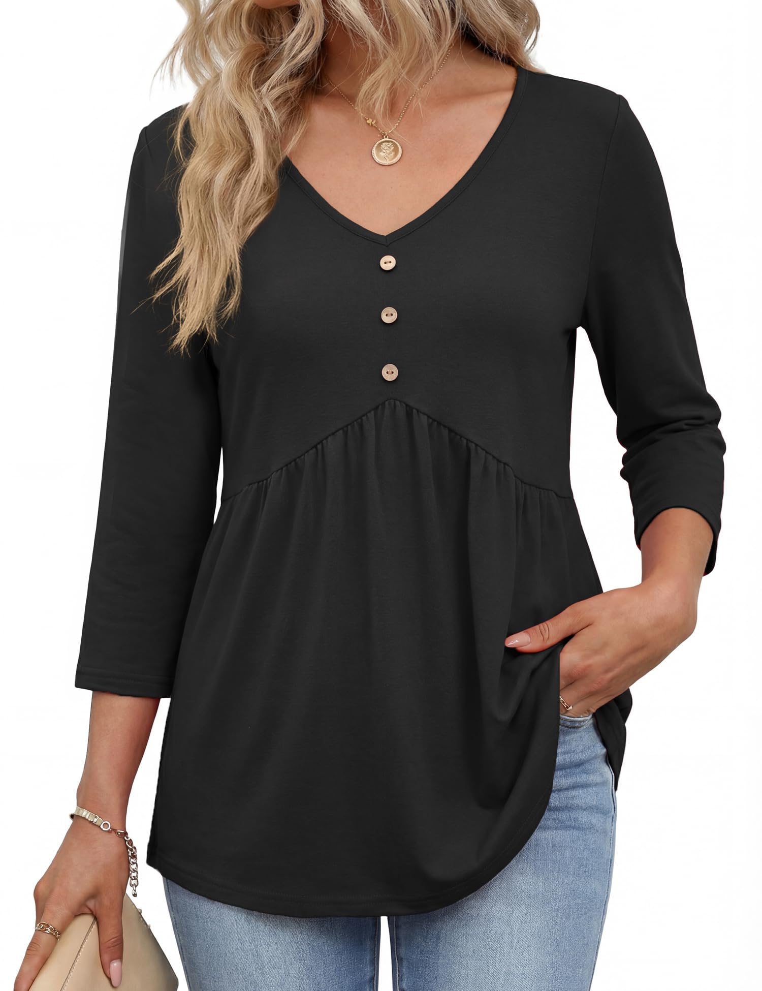 Rapbin 3/4 Sleeve Tops for Women UK V Neck Babydoll Top Button Down Blouse Ladies Casual Tunic Elegant Tees