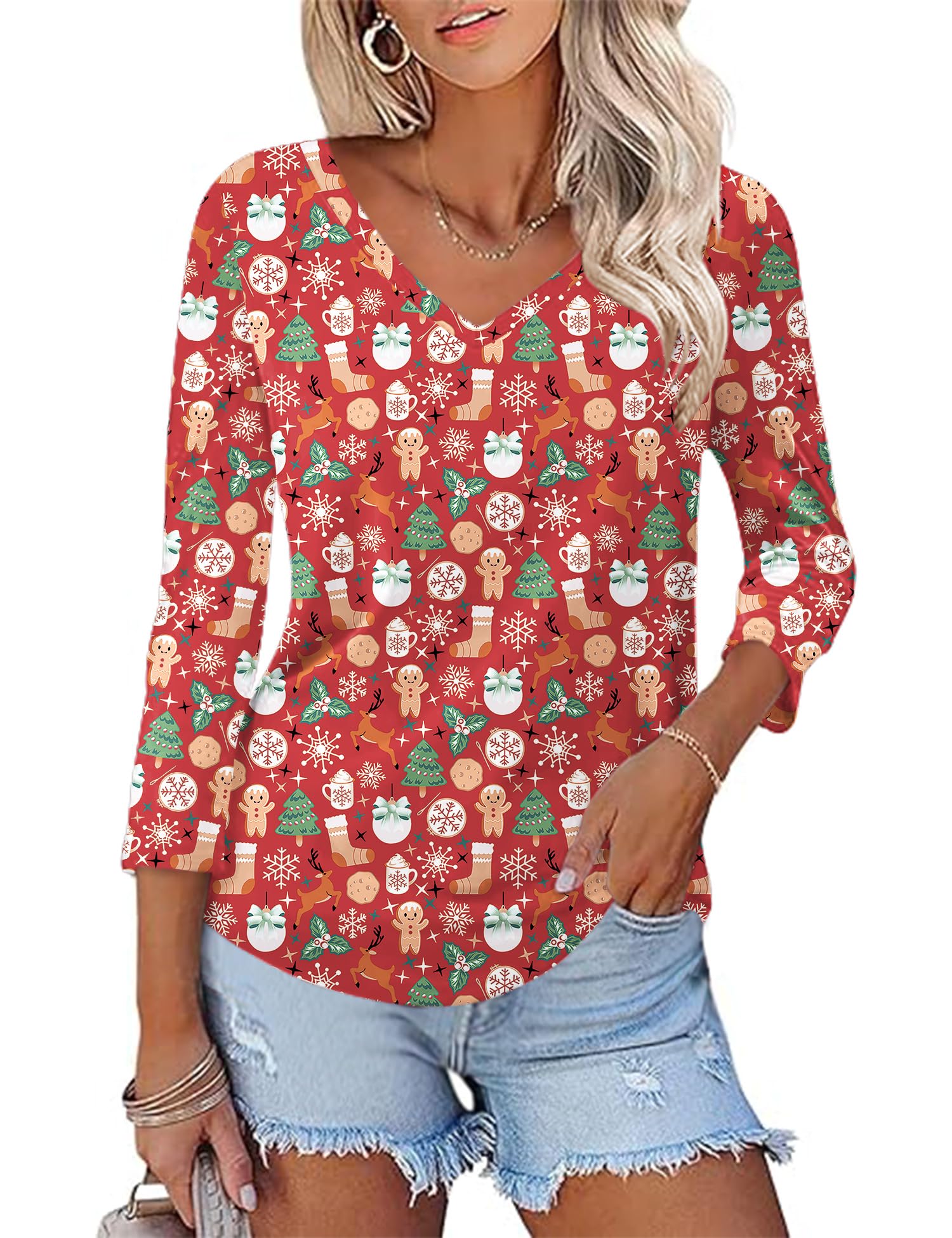 Rapbin Women Blouses 3/4 Length Sleeve V Neck Tunic Tops for Ladies Casual Loose Fit 2026 Summer Floral Elegant Shirts