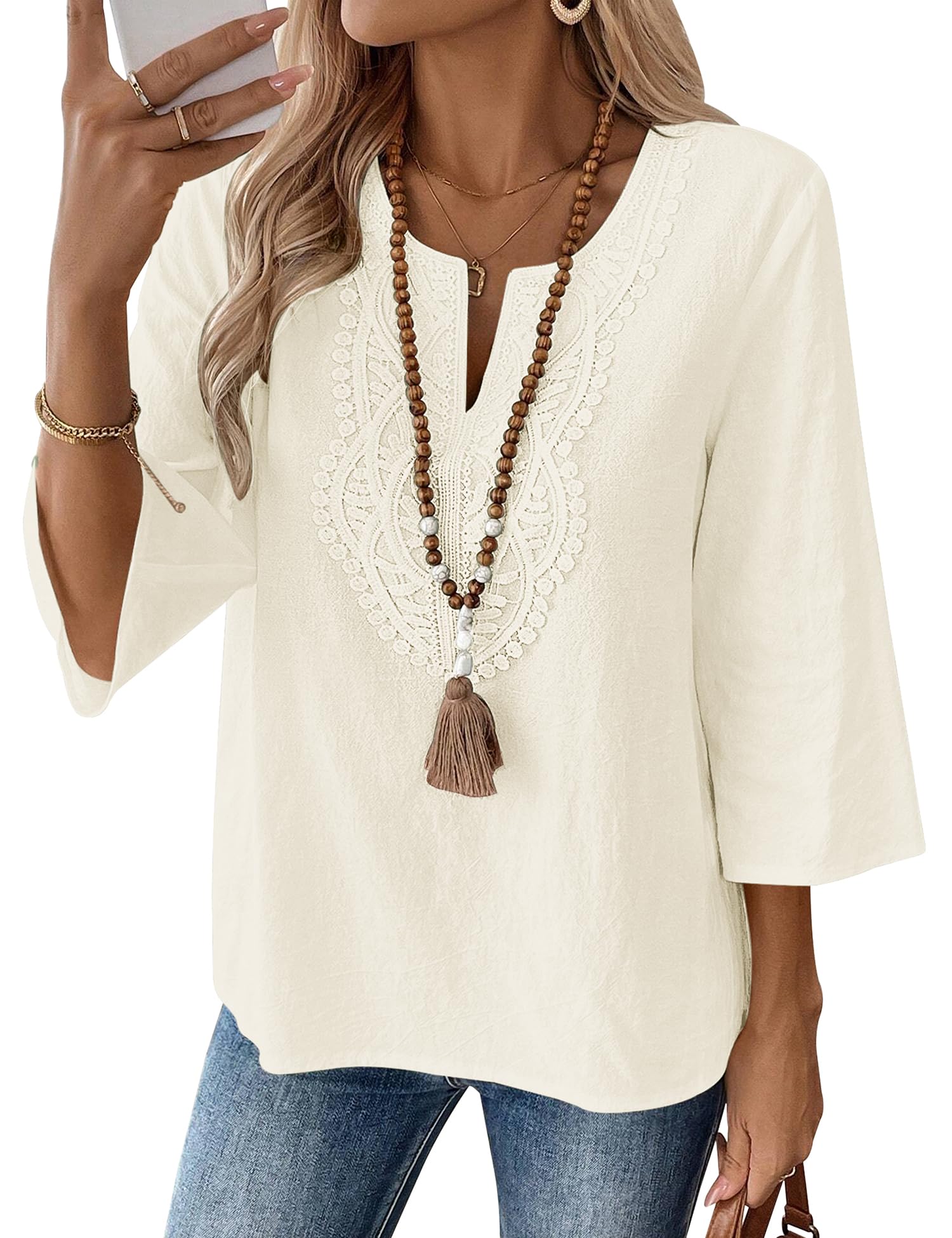 Rapbin Womens Tops 3/4 Sleeve V Neck Cotton Linen Casual Blouses Loose Fit Boho Lace Tunic