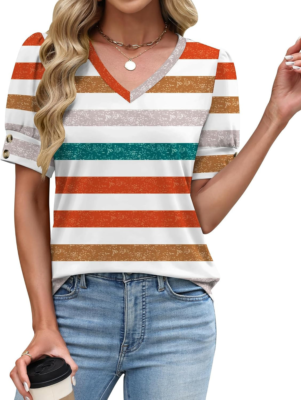 Rapbin Womens Short Sleeve Tops Buttons V Neck Ladies Blouse Fashion Dressy Shirts Loose Summer Outfits