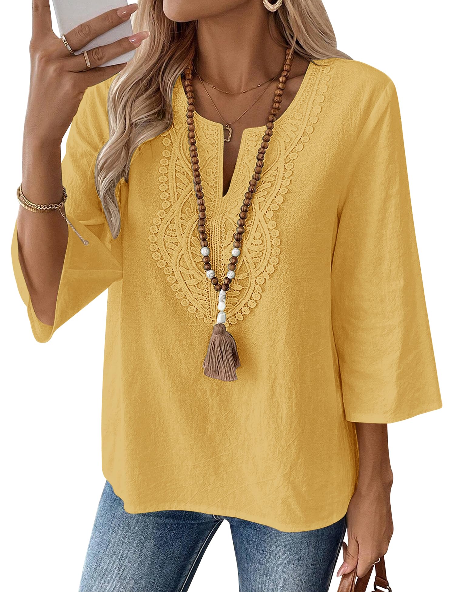 Rapbin Womens Tops 3/4 Sleeve V Neck Cotton Linen Casual Blouses Loose Fit Boho Lace Tunic
