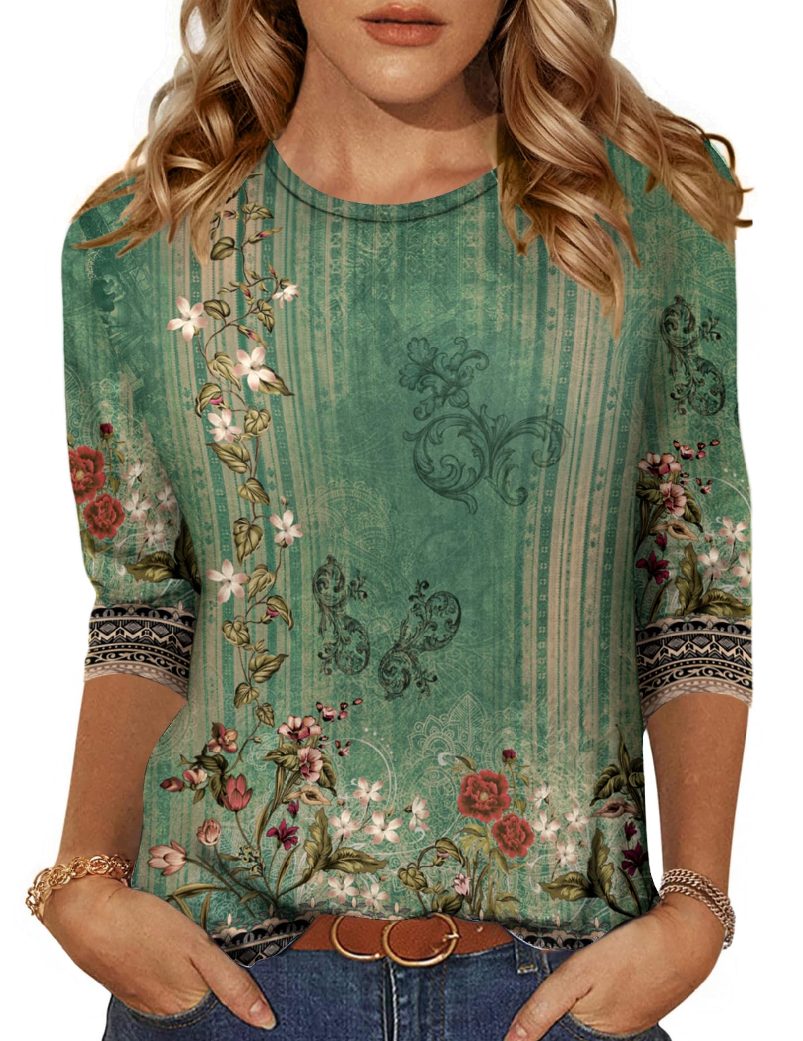 Zeagoo Womens 3/4 Sleeve Tops Casual Crew Neck Blouses Summer T Shirts