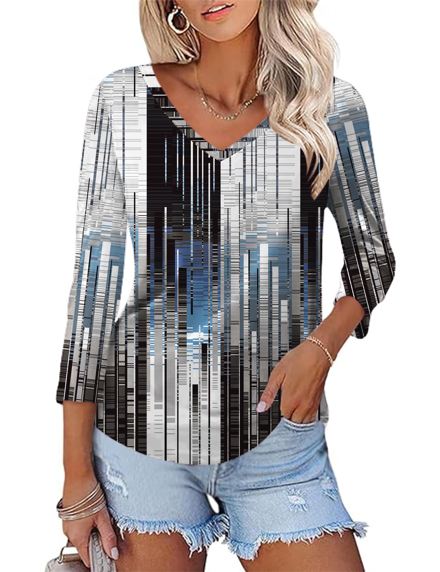 Rapbin Women Blouses 3/4 Length Sleeve V Neck Tunic Tops for Ladies Casual Loose Fit 2026 Summer Floral Elegant Shirts