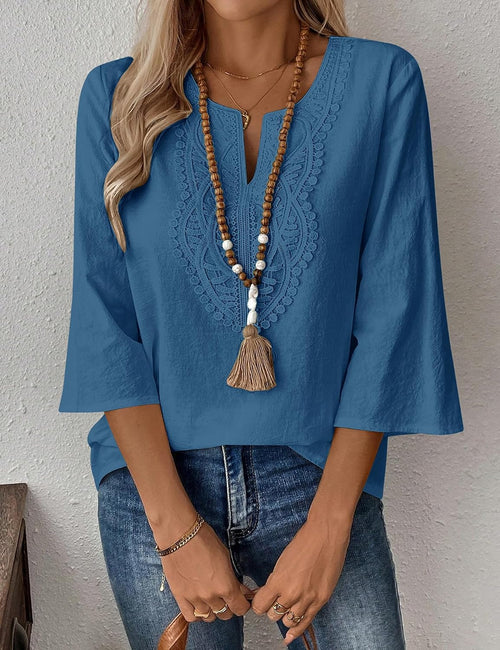 Rapbin Womens Tops 3/4 Sleeve V Neck Cotton Linen Casual Blouses Loose Fit Boho Lace Tunic