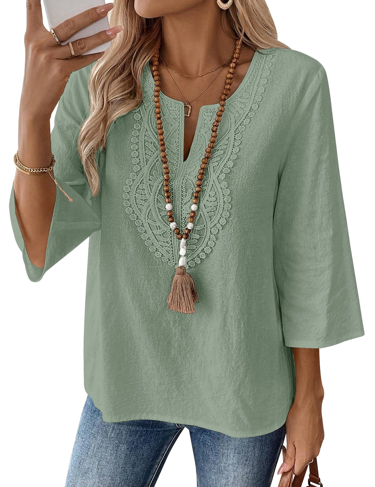 Rapbin Womens Tops 3/4 Sleeve V Neck Cotton Linen Casual Blouses Loose Fit Boho Lace Tunic