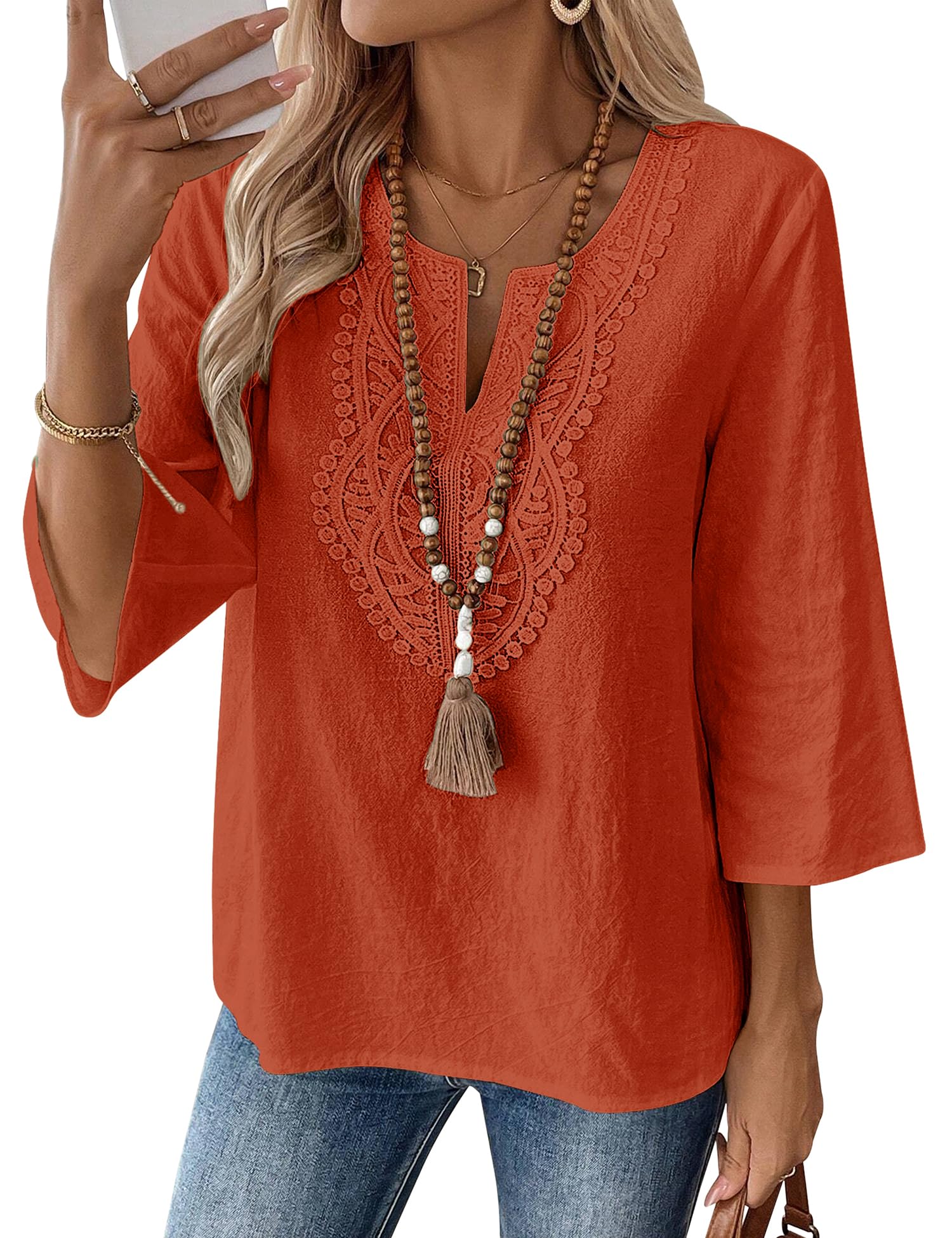 Rapbin Womens Tops 3/4 Sleeve V Neck Cotton Linen Casual Blouses Loose Fit Boho Lace Tunic