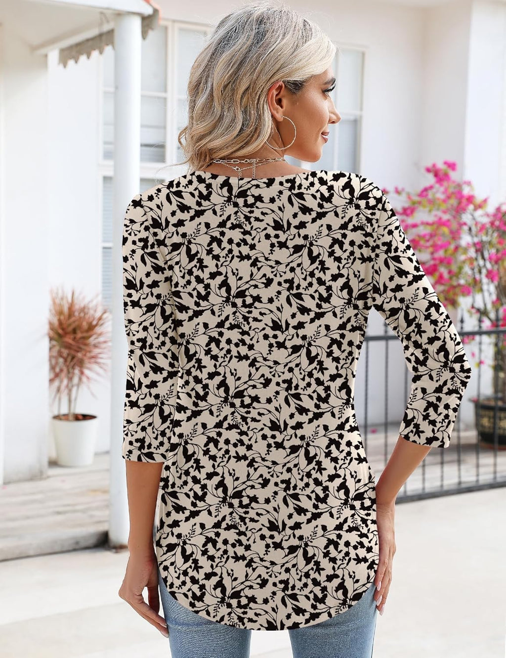 Rapbin Women Blouses 3/4 Length Sleeve V Neck Tunic Tops for Ladies Casual Loose Fit 2026 Summer Floral Elegant Shirts