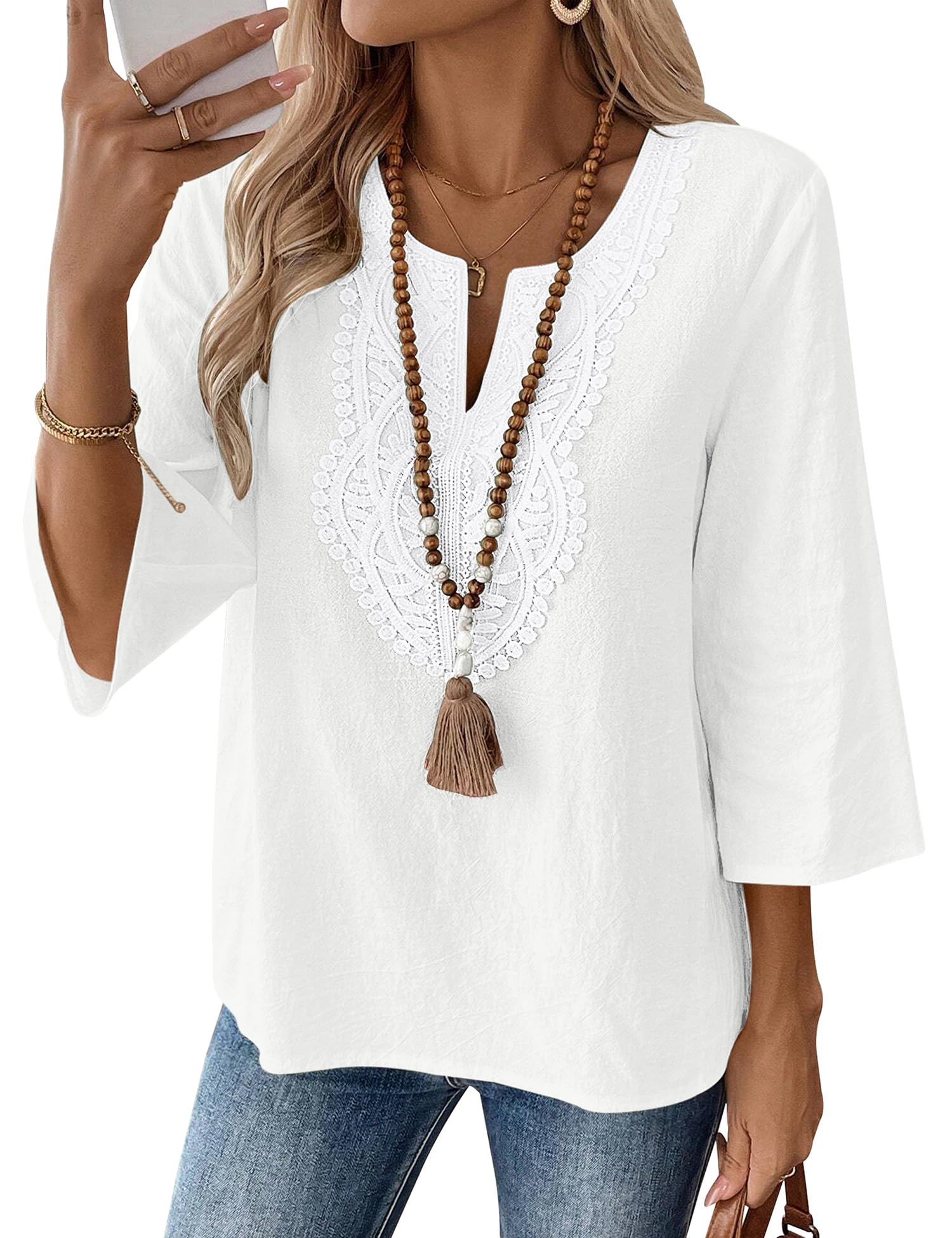 Rapbin Womens Tops 3/4 Sleeve V Neck Cotton Linen Casual Blouses Loose Fit Boho Lace Tunic