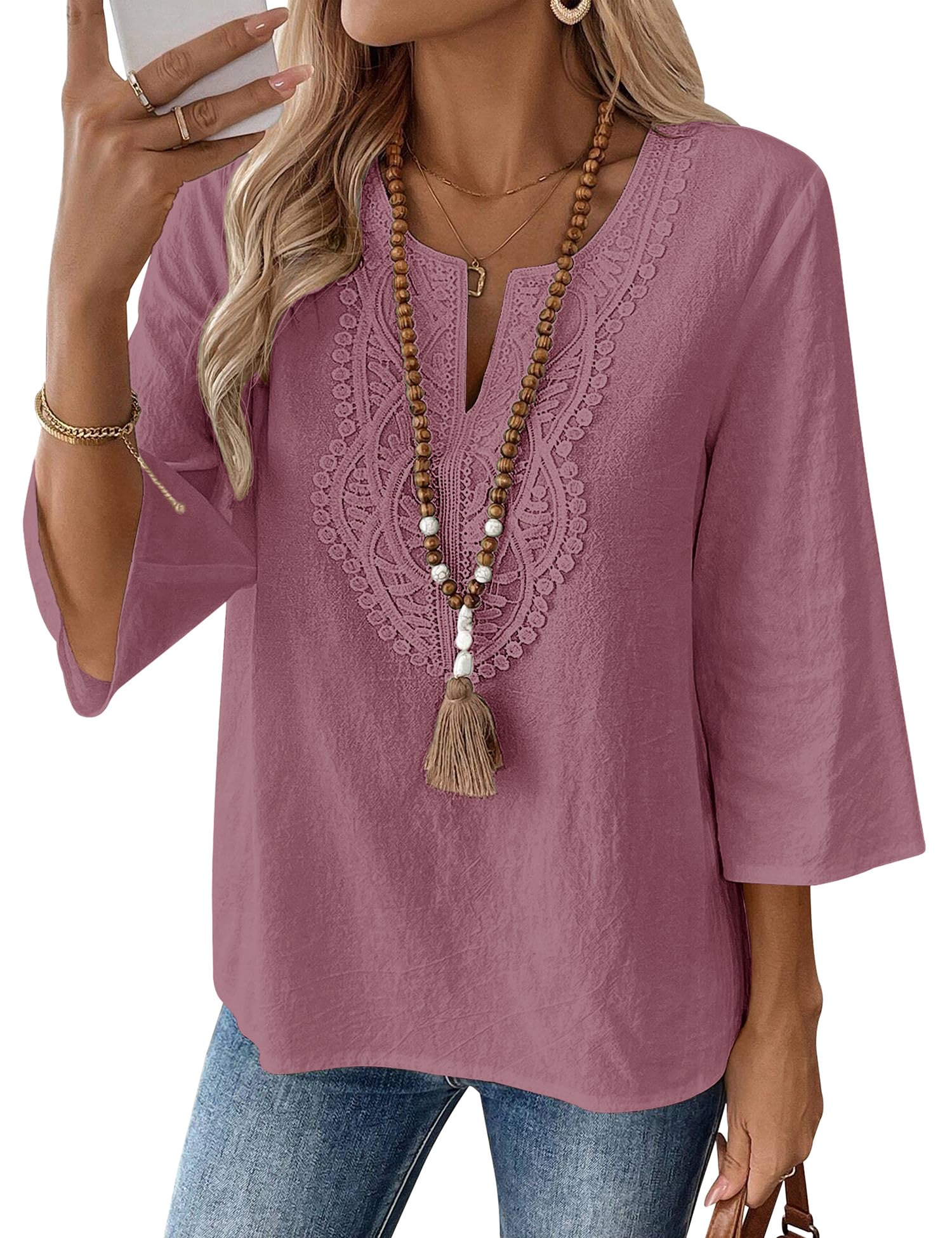Rapbin Womens Tops 3/4 Sleeve V Neck Cotton Linen Casual Blouses Loose Fit Boho Lace Tunic