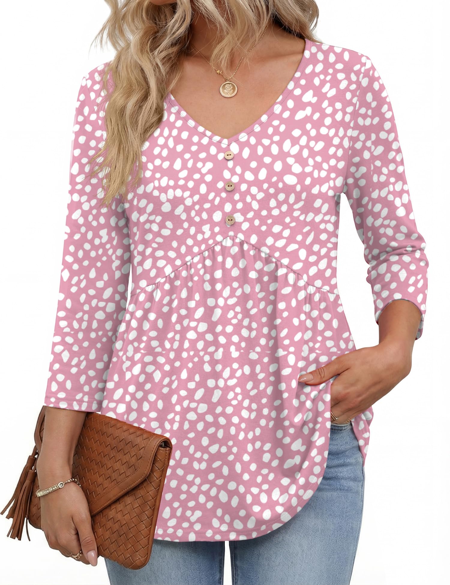 Rapbin 3/4 Sleeve Tops for Women UK V Neck Babydoll Top Button Down Blouse Ladies Casual Tunic Elegant Tees