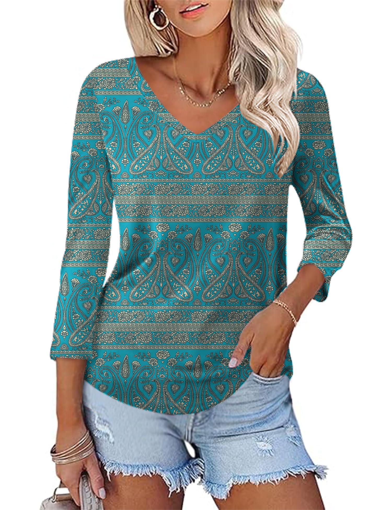 Rapbin Women Blouses 3/4 Length Sleeve V Neck Tunic Tops for Ladies Casual Loose Fit 2026 Summer Floral Elegant Shirts