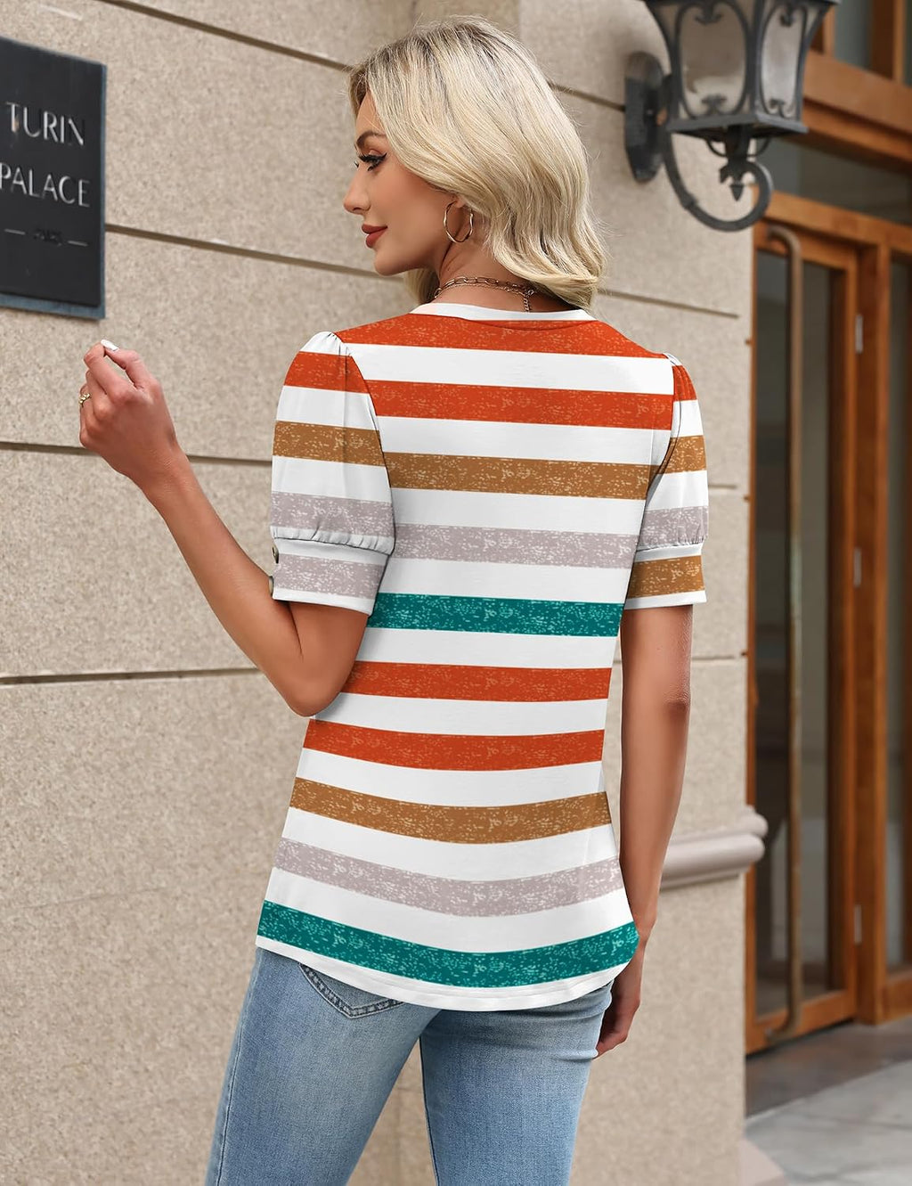 Rapbin Womens Short Sleeve Tops Buttons V Neck Ladies Blouse Fashion Dressy Shirts Loose Summer Outfits