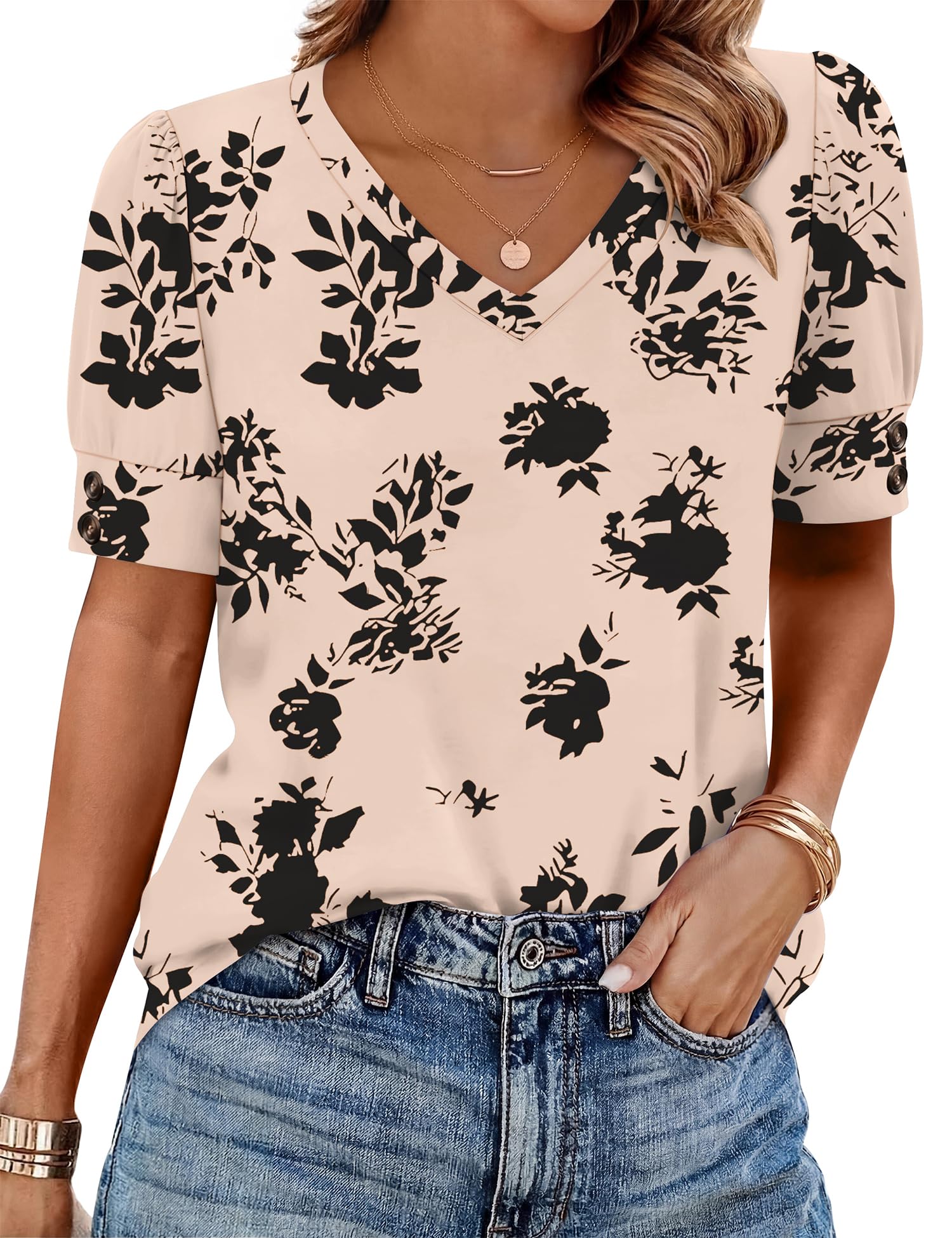 Rapbin Womens Short Sleeve Tops Buttons V Neck Ladies Blouse Fashion Dressy Shirts Loose Summer Outfits