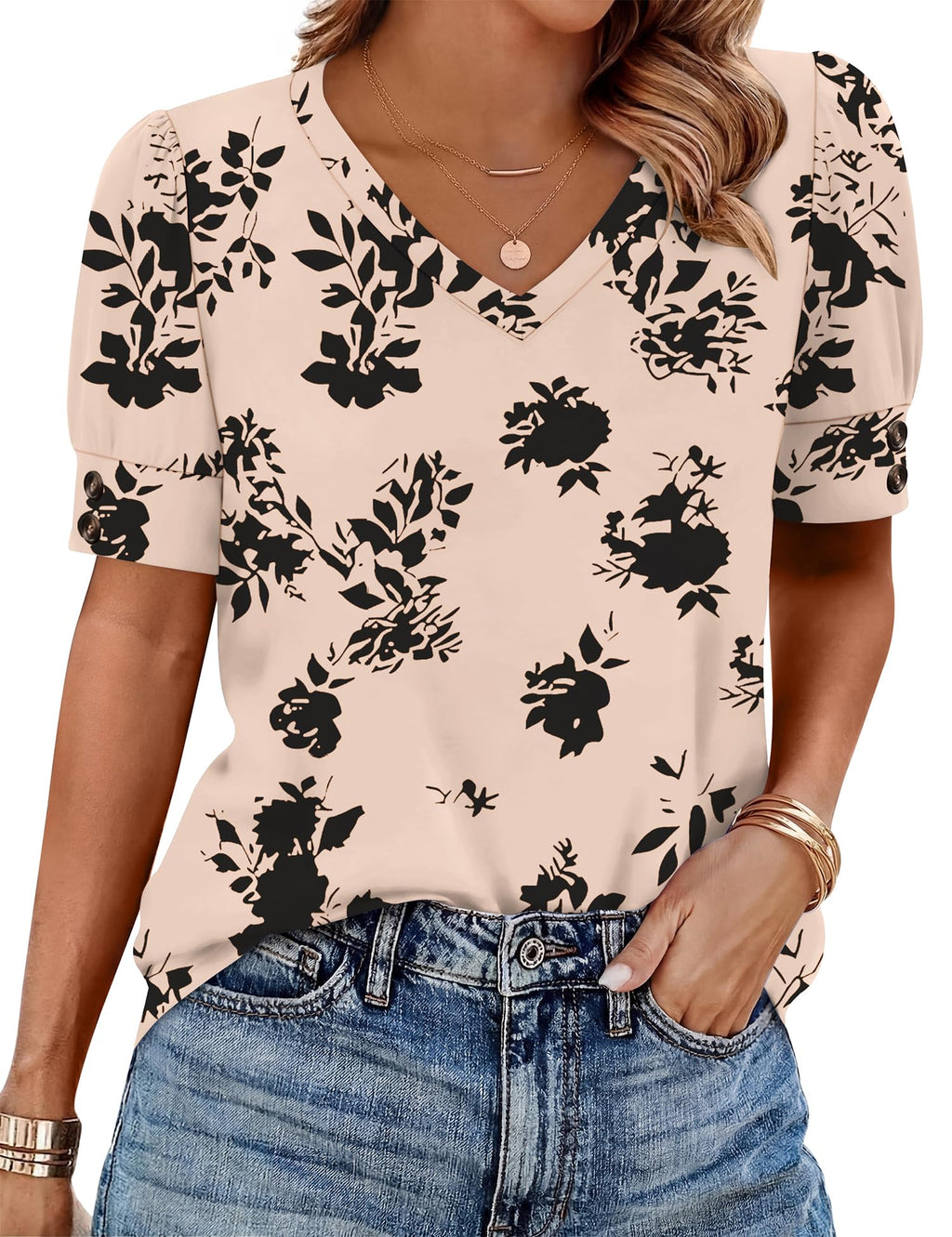 Rapbin Womens Short Sleeve Tops Buttons V Neck Ladies Blouse Fashion Dressy Shirts Loose Summer Outfits