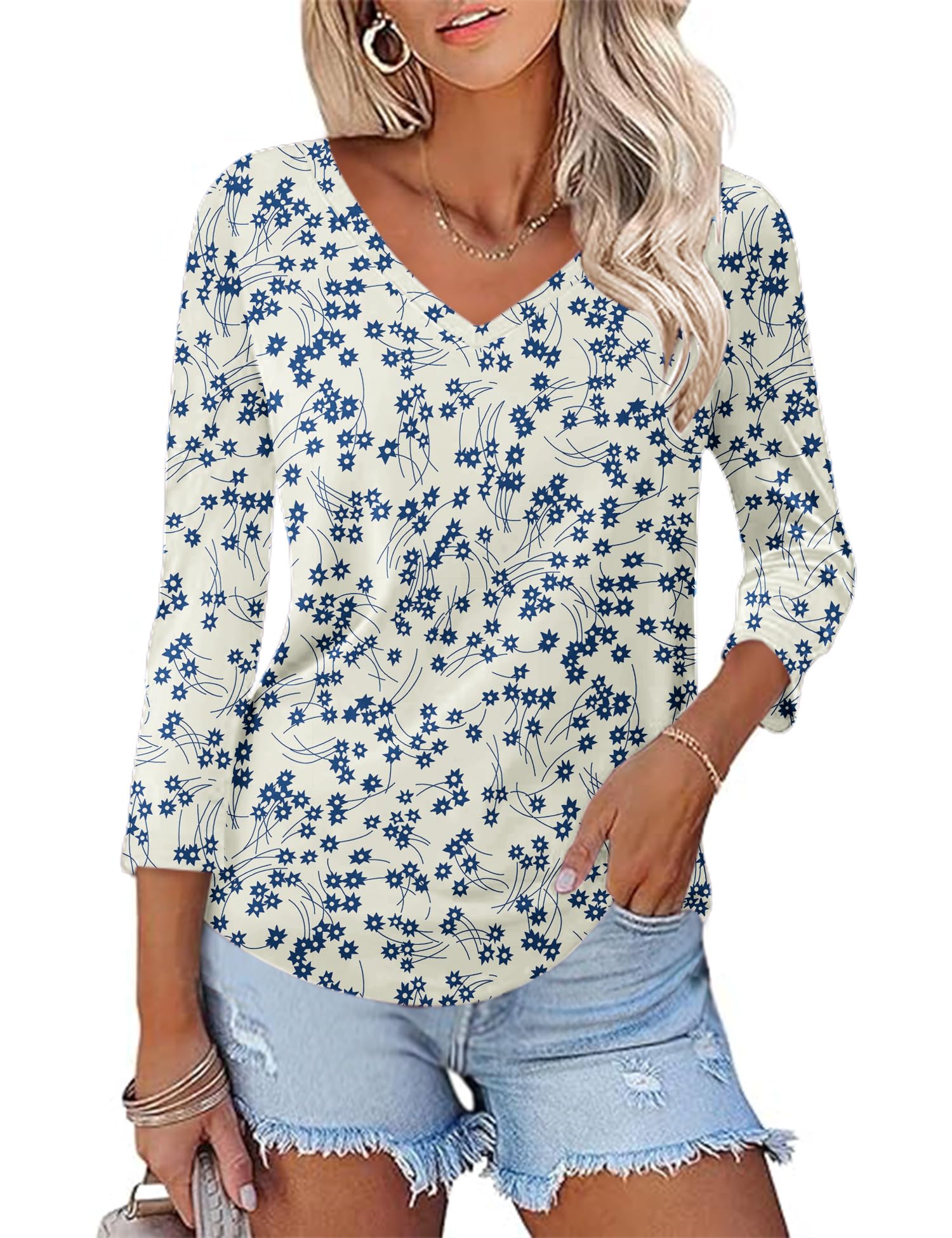Rapbin Women Blouses 3/4 Length Sleeve V Neck Tunic Tops for Ladies Casual Loose Fit 2026 Summer Floral Elegant Shirts