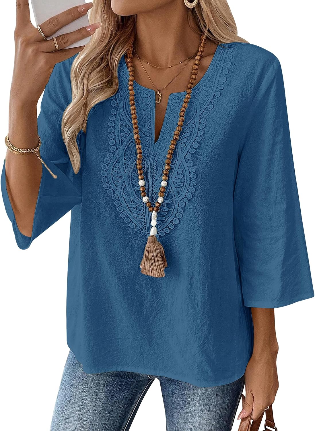Rapbin Womens Tops 3/4 Sleeve V Neck Cotton Linen Casual Blouses Loose Fit Boho Lace Tunic