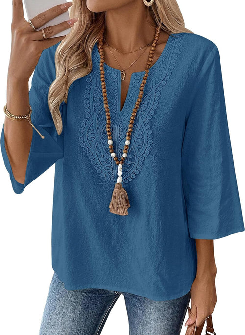 Rapbin Womens Tops 3/4 Sleeve V Neck Cotton Linen Casual Blouses Loose Fit Boho Lace Tunic