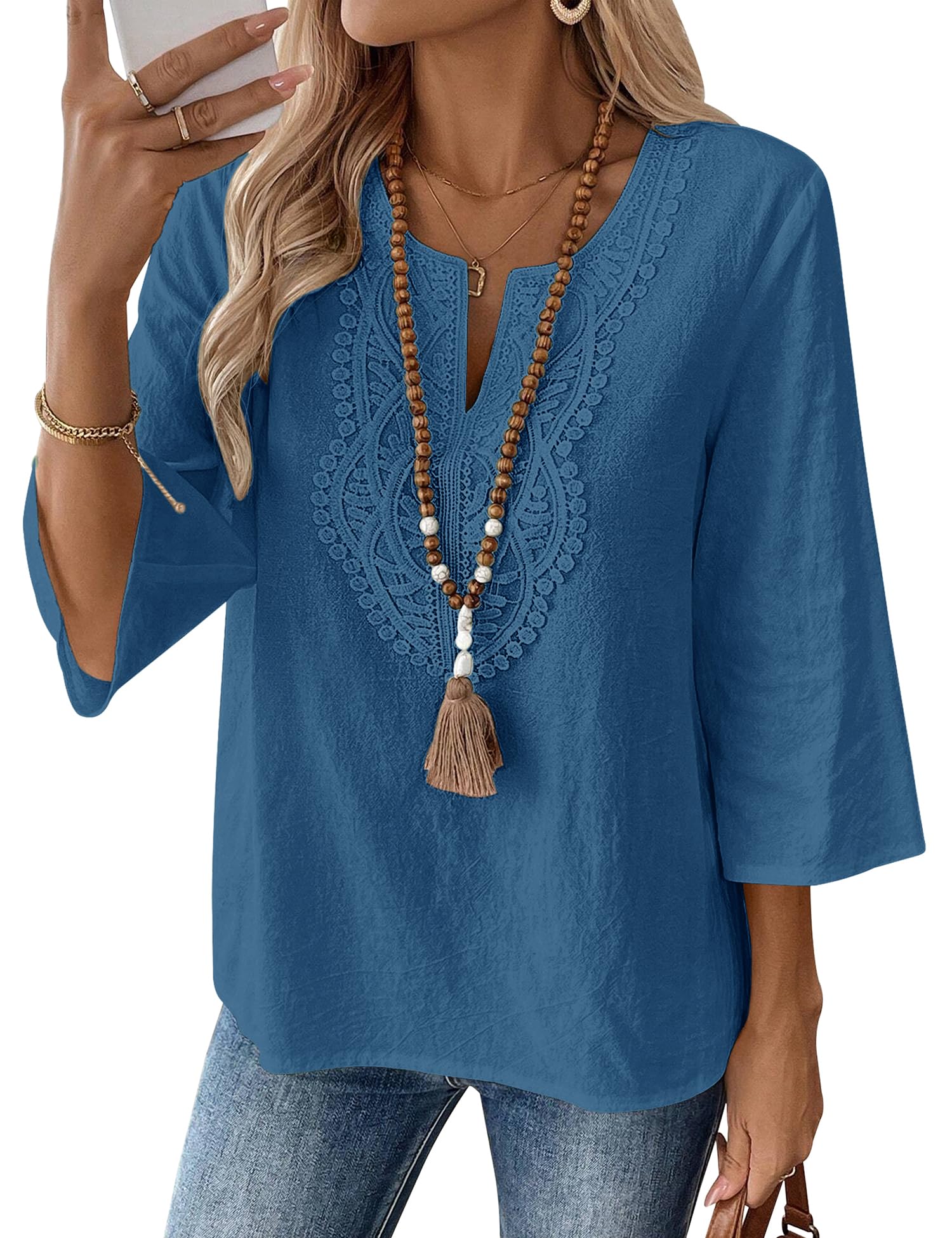 Rapbin Womens Tops 3/4 Sleeve V Neck Cotton Linen Casual Blouses Loose Fit Boho Lace Tunic