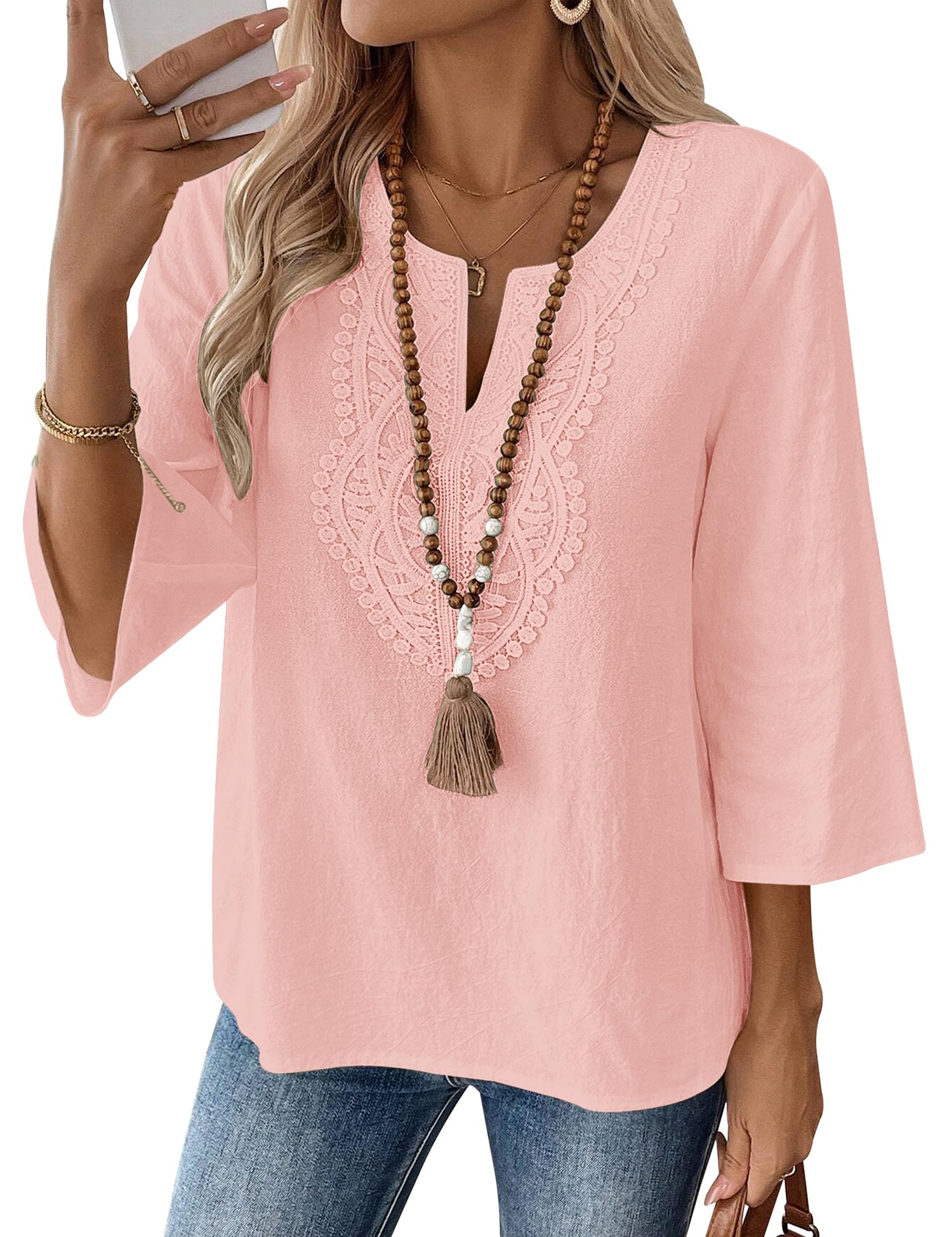 Rapbin Womens Tops 3/4 Sleeve V Neck Cotton Linen Casual Blouses Loose Fit Boho Lace Tunic