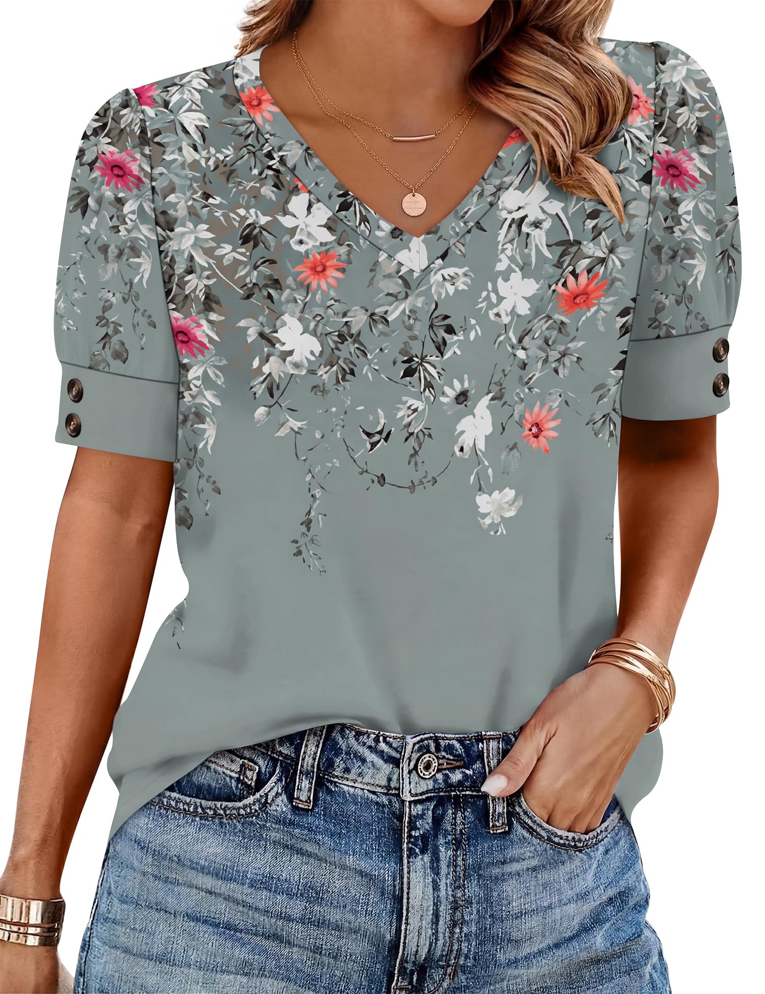 Rapbin Womens Short Sleeve Tops Buttons V Neck Ladies Blouse Fashion Dressy Shirts Loose Summer Outfits