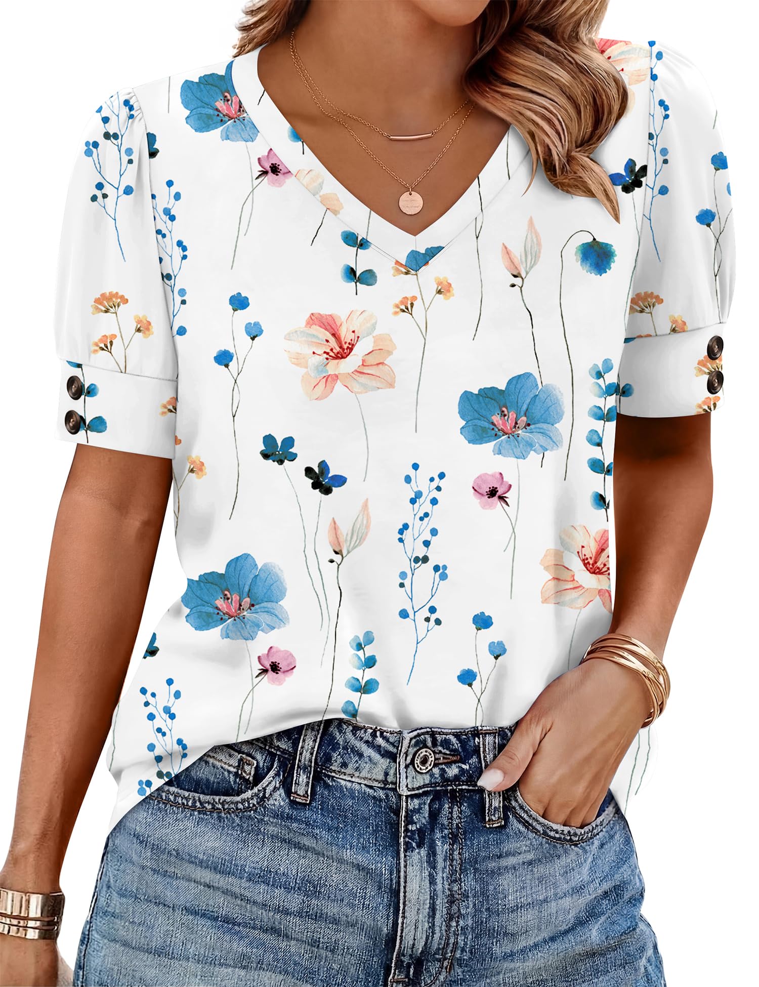Rapbin Womens Short Sleeve Tops Buttons V Neck Ladies Blouse Fashion Dressy Shirts Loose Summer Outfits
