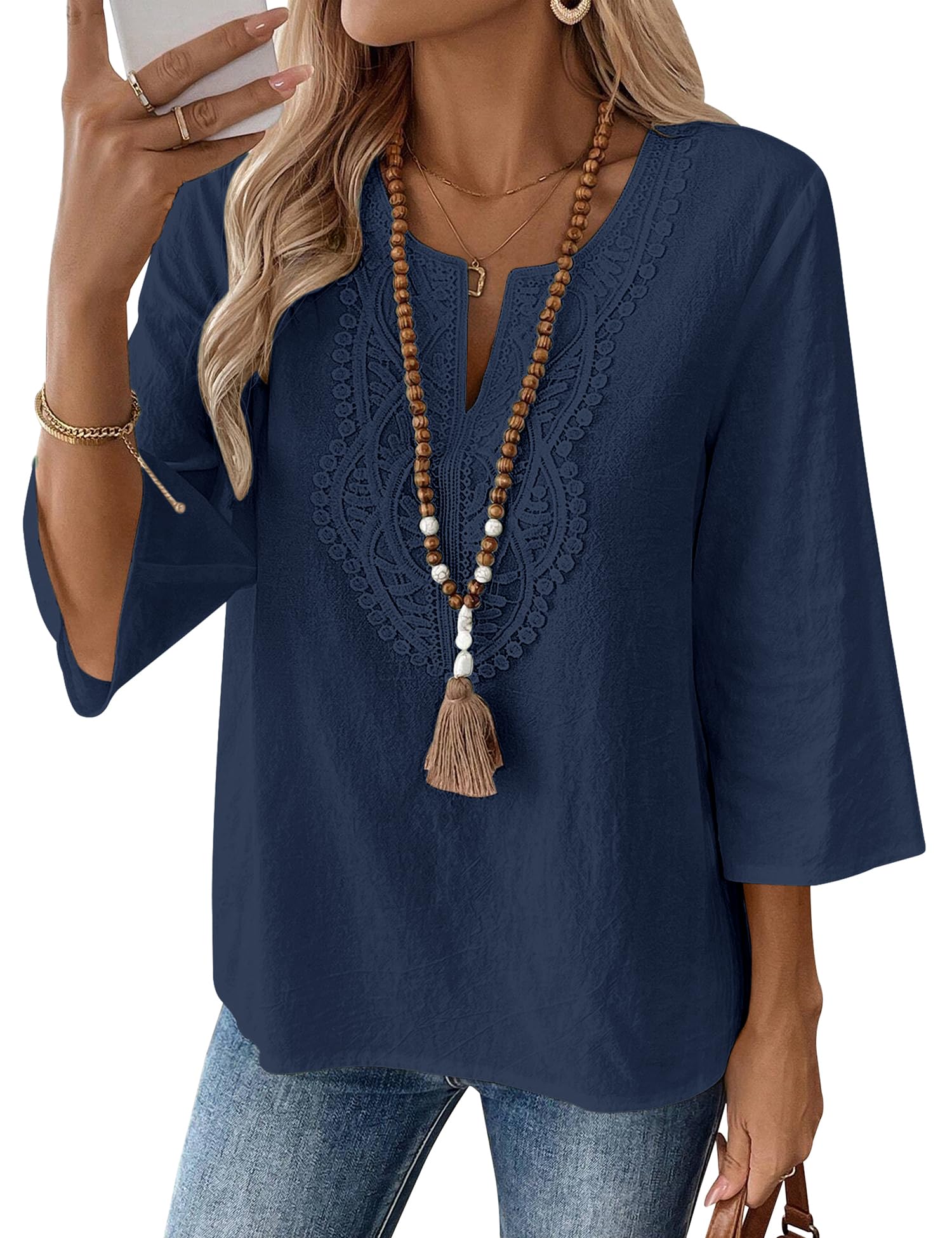 Rapbin Womens Tops 3/4 Sleeve V Neck Cotton Linen Casual Blouses Loose Fit Boho Lace Tunic