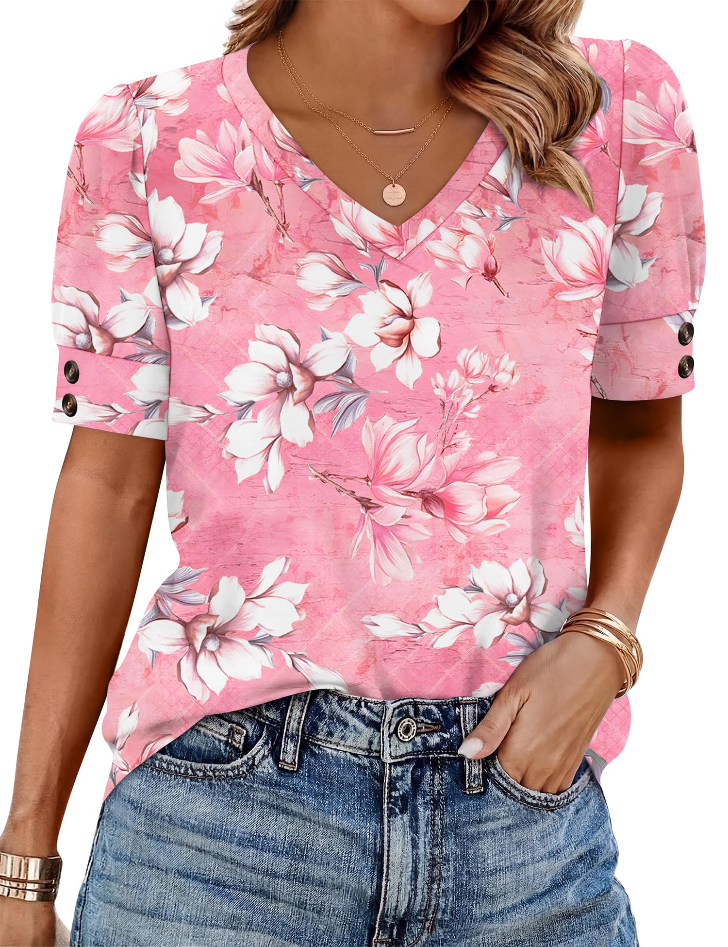Rapbin Womens Short Sleeve Tops Buttons V Neck Ladies Blouse Fashion Dressy Shirts Loose Summer Outfits