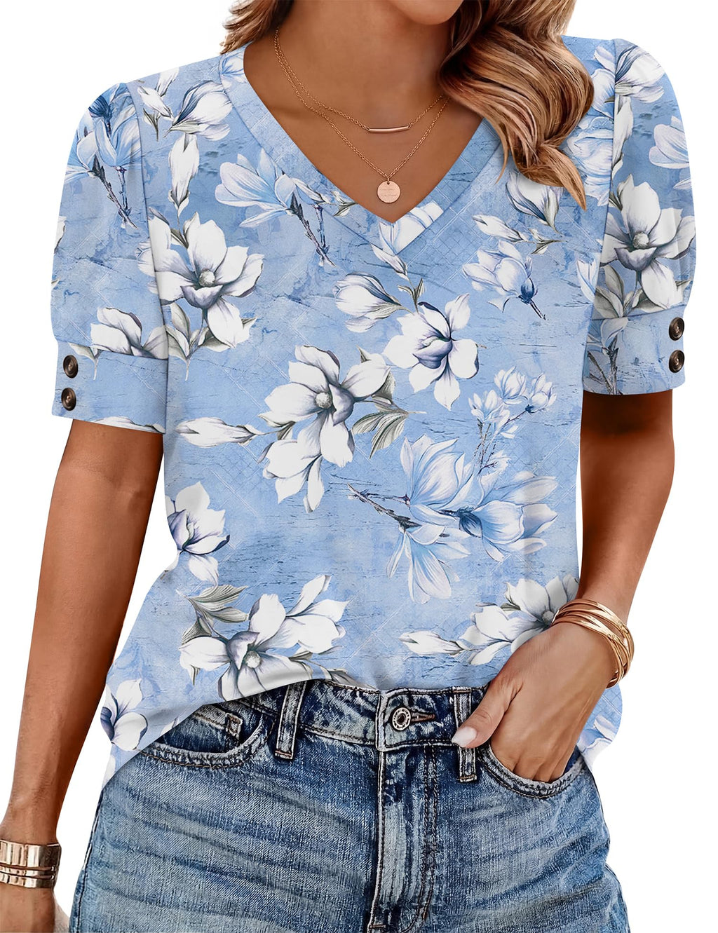 Rapbin Womens Short Sleeve Tops Buttons V Neck Ladies Blouse Fashion Dressy Shirts Loose Summer Outfits