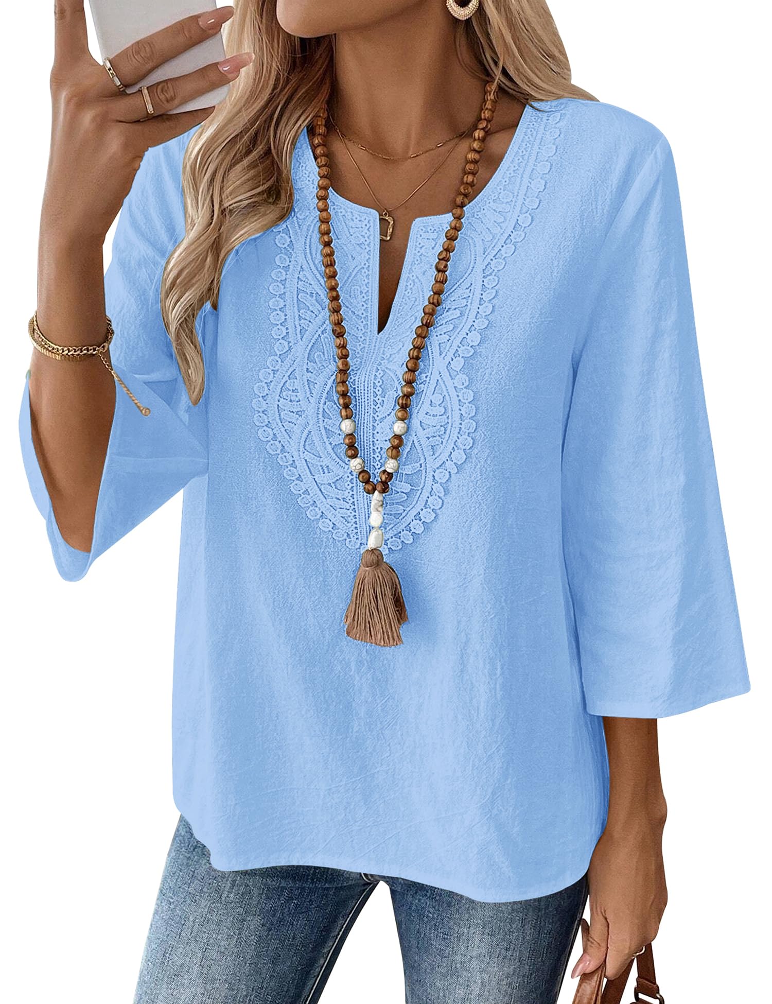 Rapbin Womens Tops 3/4 Sleeve V Neck Cotton Linen Casual Blouses Loose Fit Boho Lace Tunic
