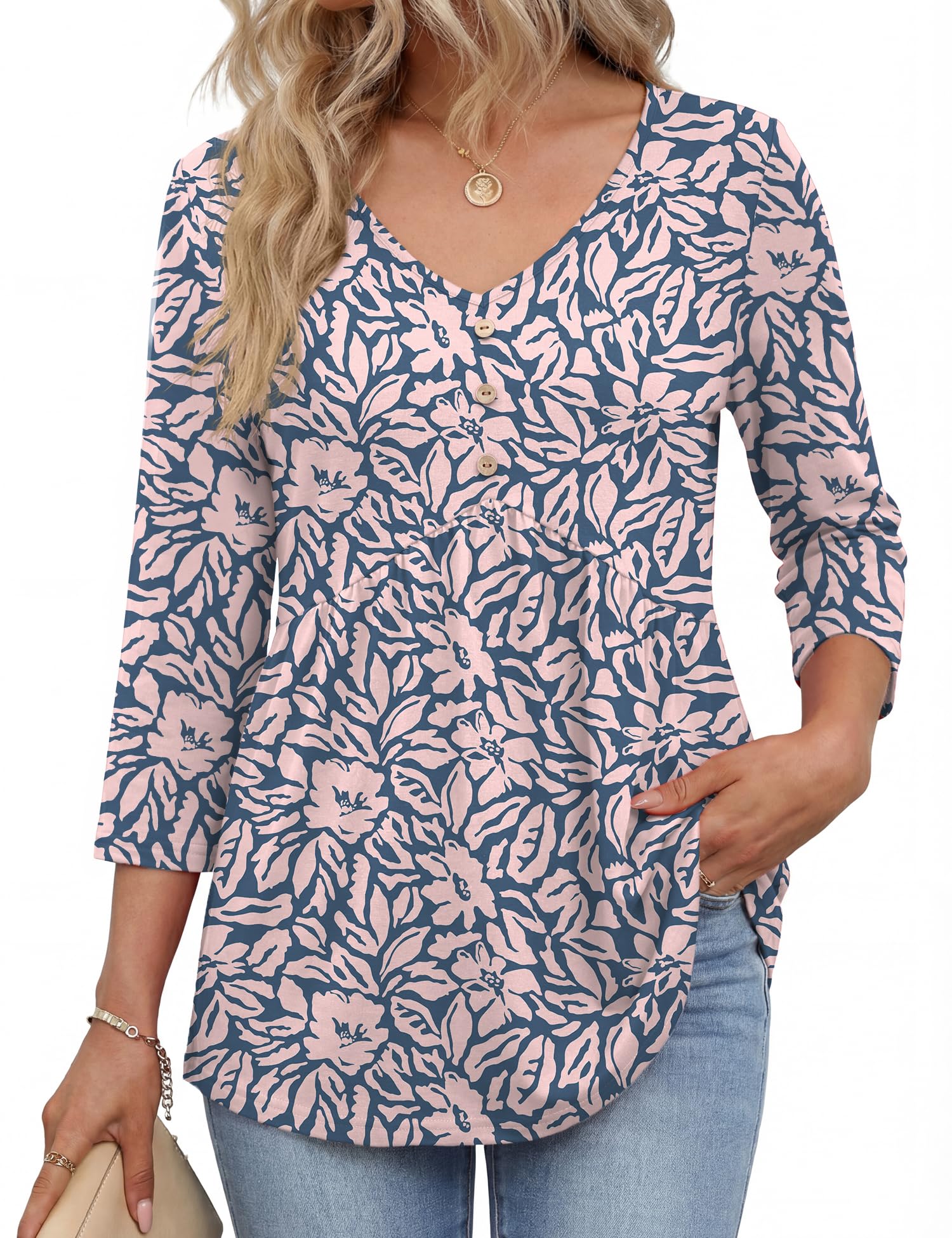 Rapbin 3/4 Sleeve Tops for Women UK V Neck Babydoll Top Button Down Blouse Ladies Casual Tunic Elegant Tees