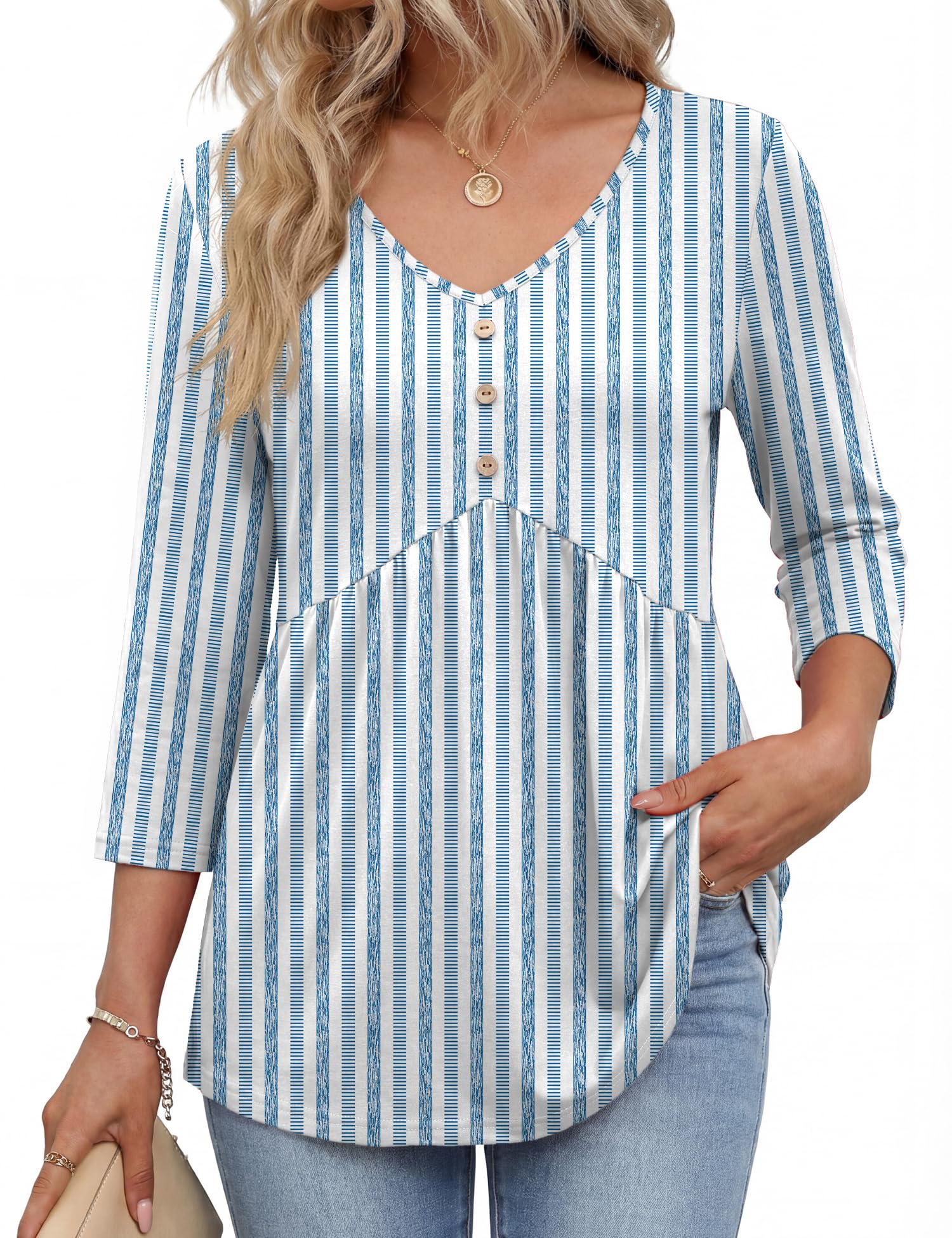 Rapbin 3/4 Sleeve Tops for Women UK V Neck Babydoll Top Button Down Blouse Ladies Casual Tunic Elegant Tees