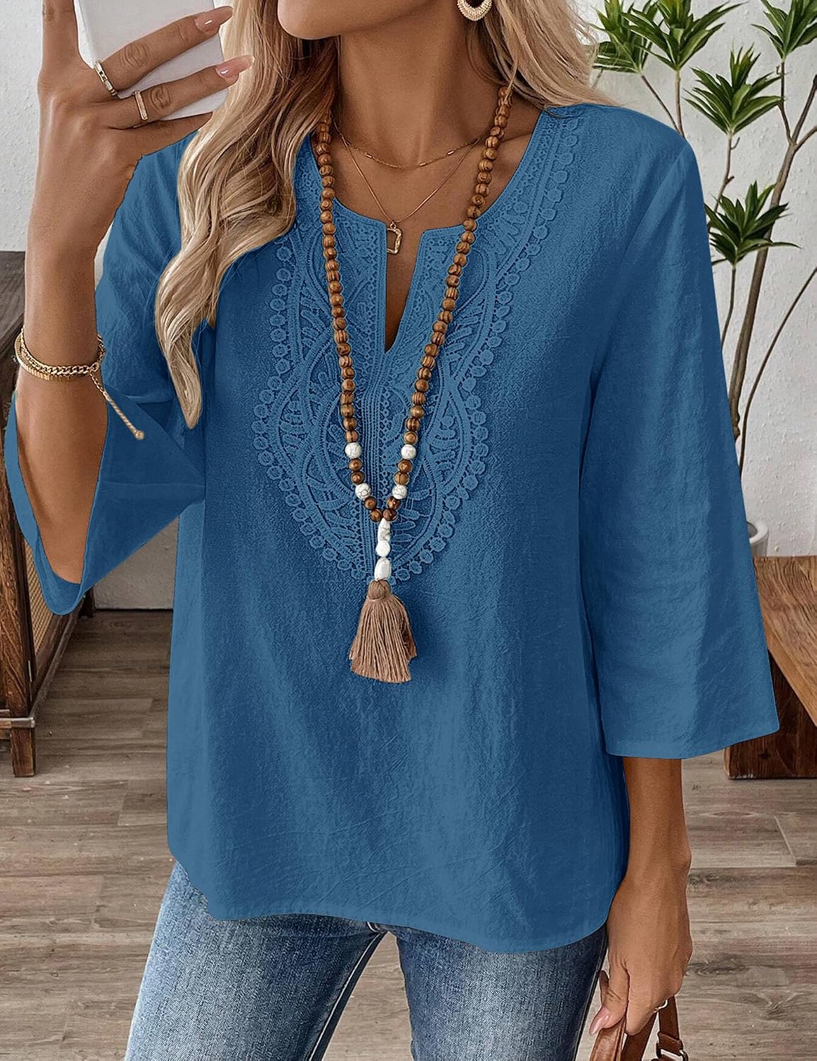 Rapbin Womens Tops 3/4 Sleeve V Neck Cotton Linen Casual Blouses Loose Fit Boho Lace Tunic