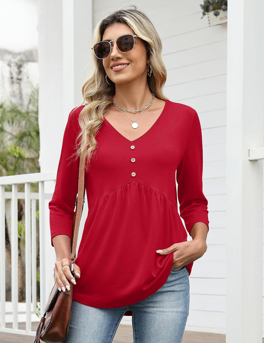 Rapbin 3/4 Sleeve Tops for Women UK V Neck Babydoll Top Button Down Blouse Ladies Casual Tunic Elegant Tees