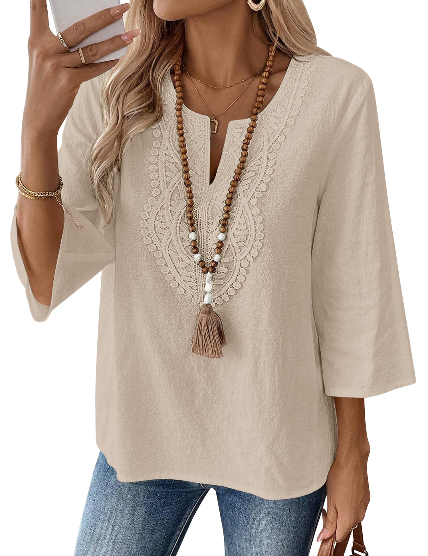 Rapbin Womens Tops 3/4 Sleeve V Neck Cotton Linen Casual Blouses Loose Fit Boho Lace Tunic