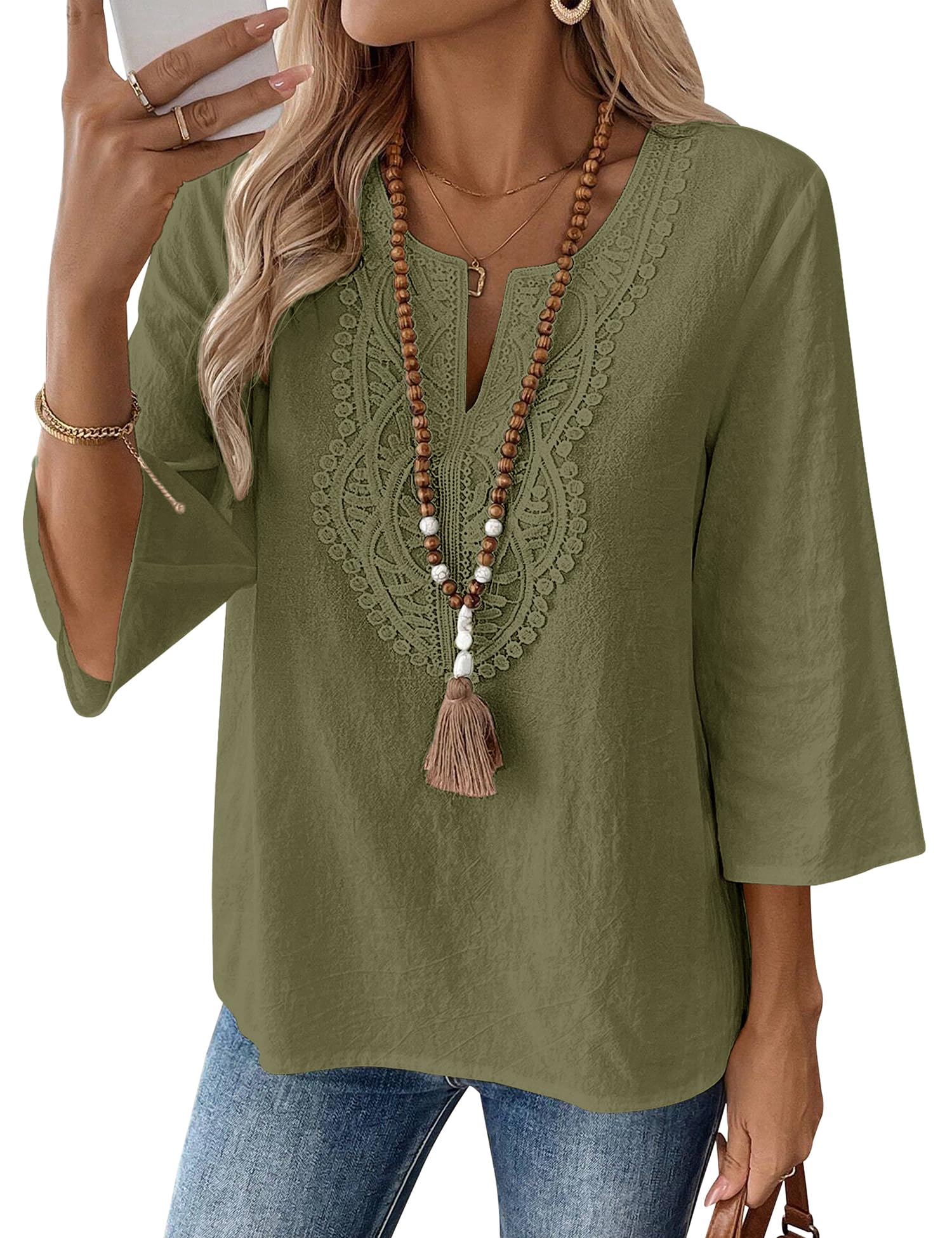Rapbin Womens Tops 3/4 Sleeve V Neck Cotton Linen Casual Blouses Loose Fit Boho Lace Tunic