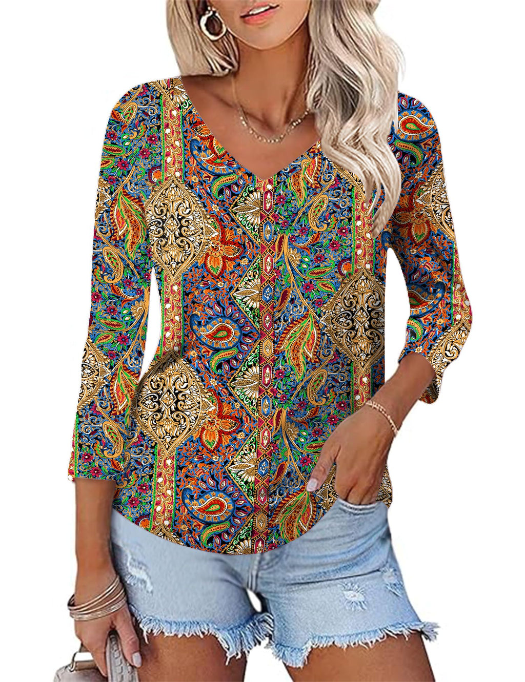 Rapbin Women Blouses 3/4 Length Sleeve V Neck Tunic Tops for Ladies Casual Loose Fit 2026 Summer Floral Elegant Shirts