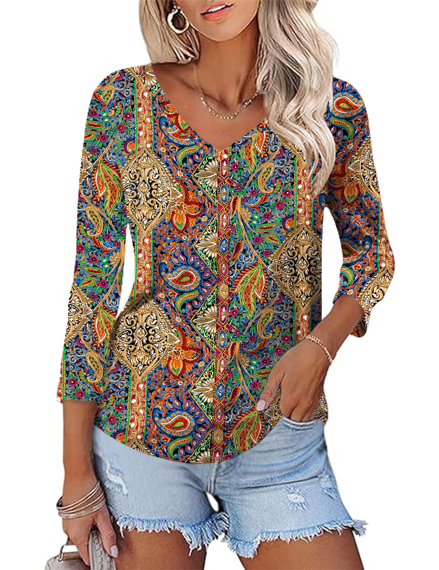 Rapbin Women Blouses 3/4 Length Sleeve V Neck Tunic Tops for Ladies Casual Loose Fit 2026 Summer Floral Elegant Shirts